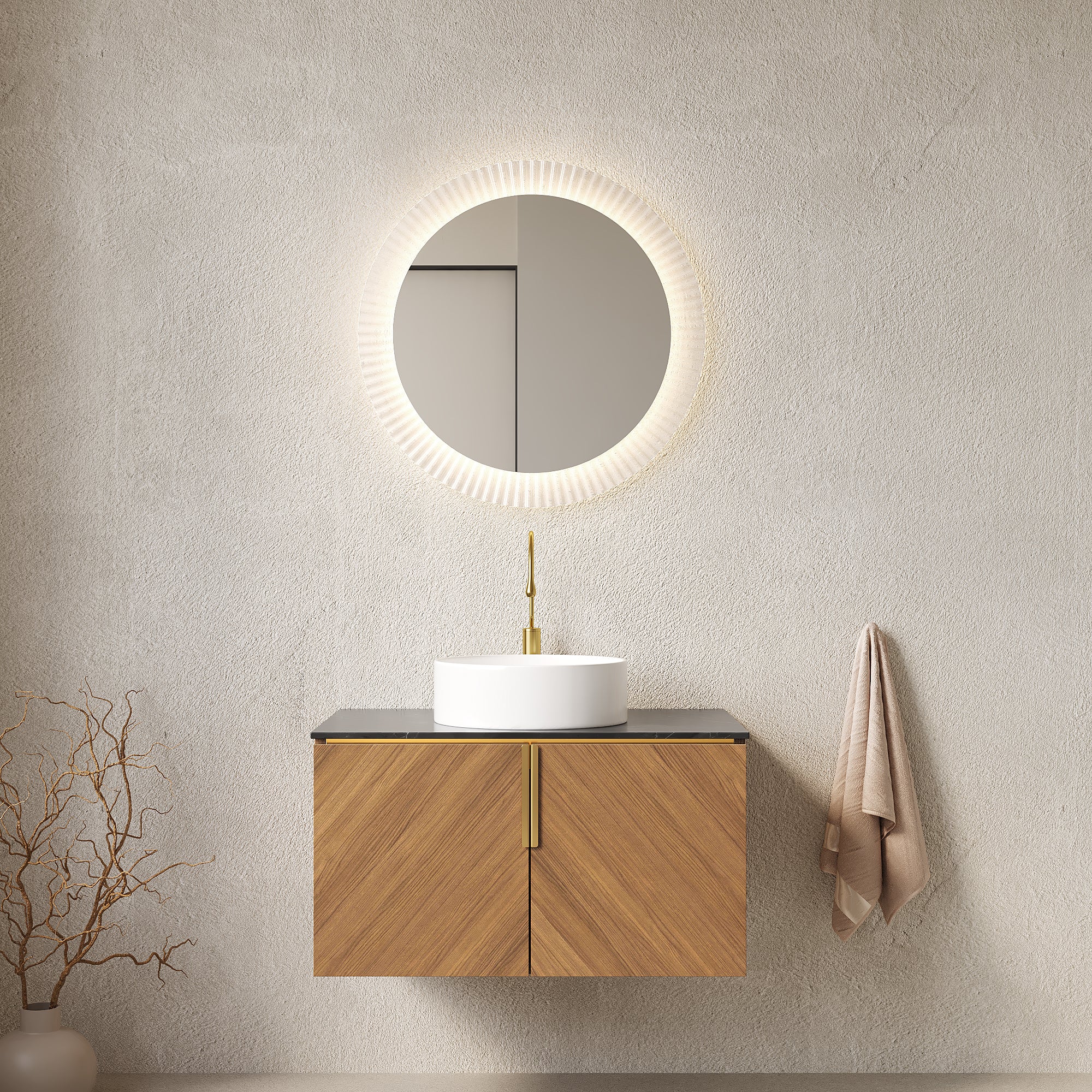 ARAI 30' Bathroom Vanity with Sink, Wall-Mounted Plywood Bathroom Storage Cabinet with Double Doors, Black Sintered Stone Countertop and White Round Ceramic Basin, Brown Oak Woodgrain Color