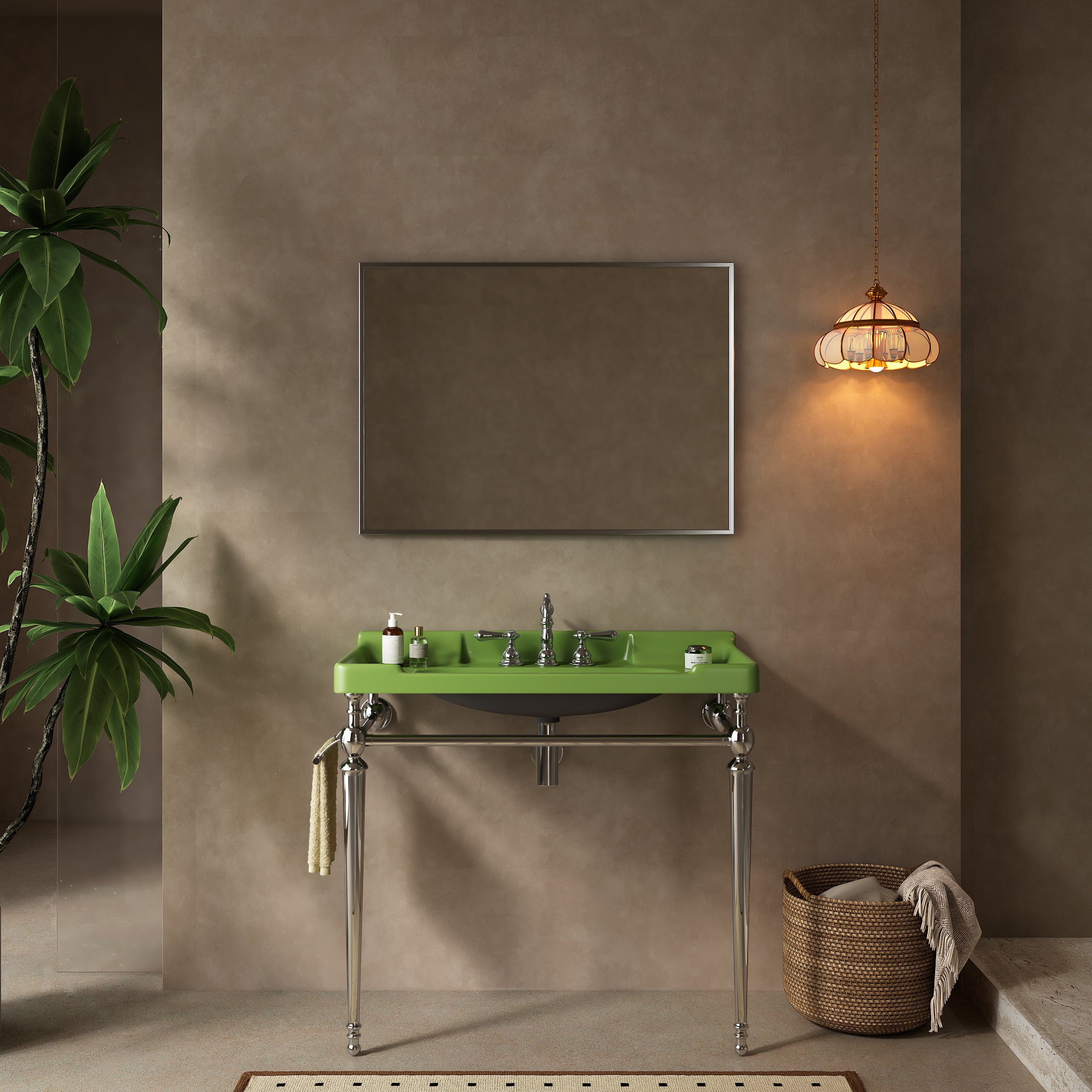 VICI 36' Bathroom Console Sink, Wall-Mounted Green Ceramic Vanity Basin with 3 Pre-drilled Faucet Holes, Freestanding Stainless Steel Support Legs with Towel Bar, No Faucet, Chrome Color