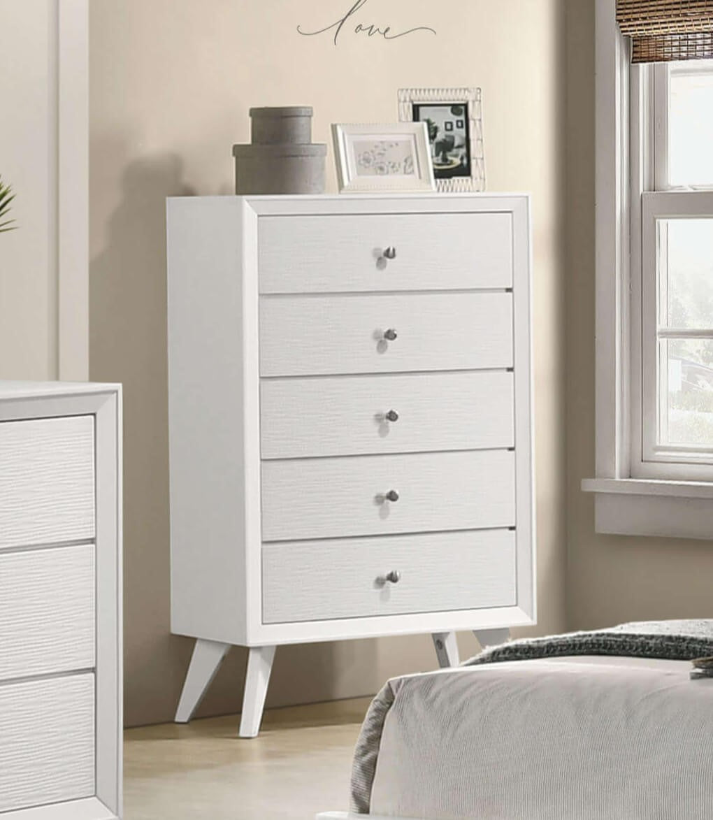 Contemporary Style 1pc Chest Angled Legs Round Bronze Knobs Wave Texture White Finish