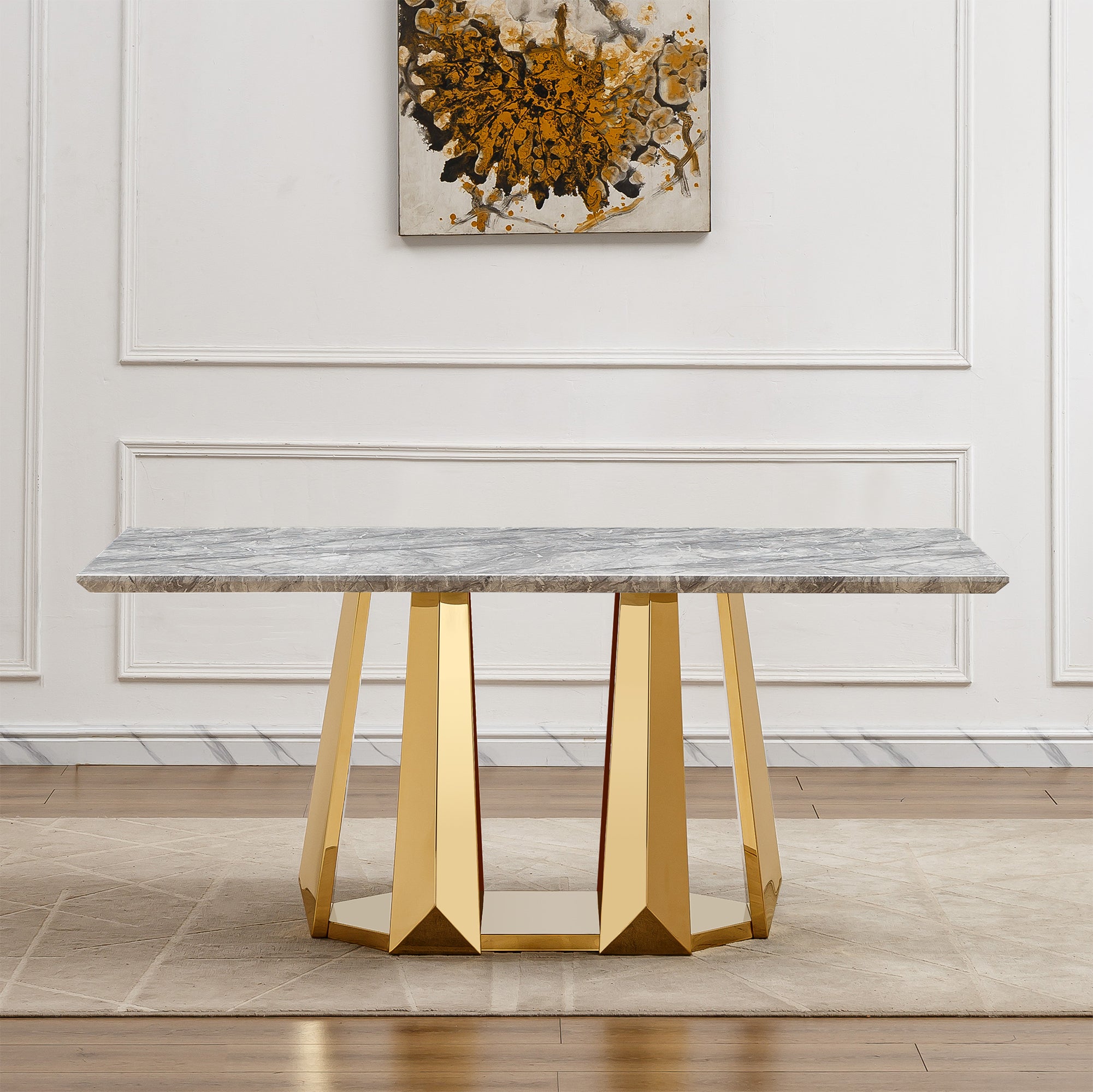 Marble Dining Table for 6 People, 70'' Rectangle Faux Marble Dining Table with Mirrored Finish Stainless Steel Base, Modern Large Size Marble Kitchen Table (Gold,Gray)(only table)