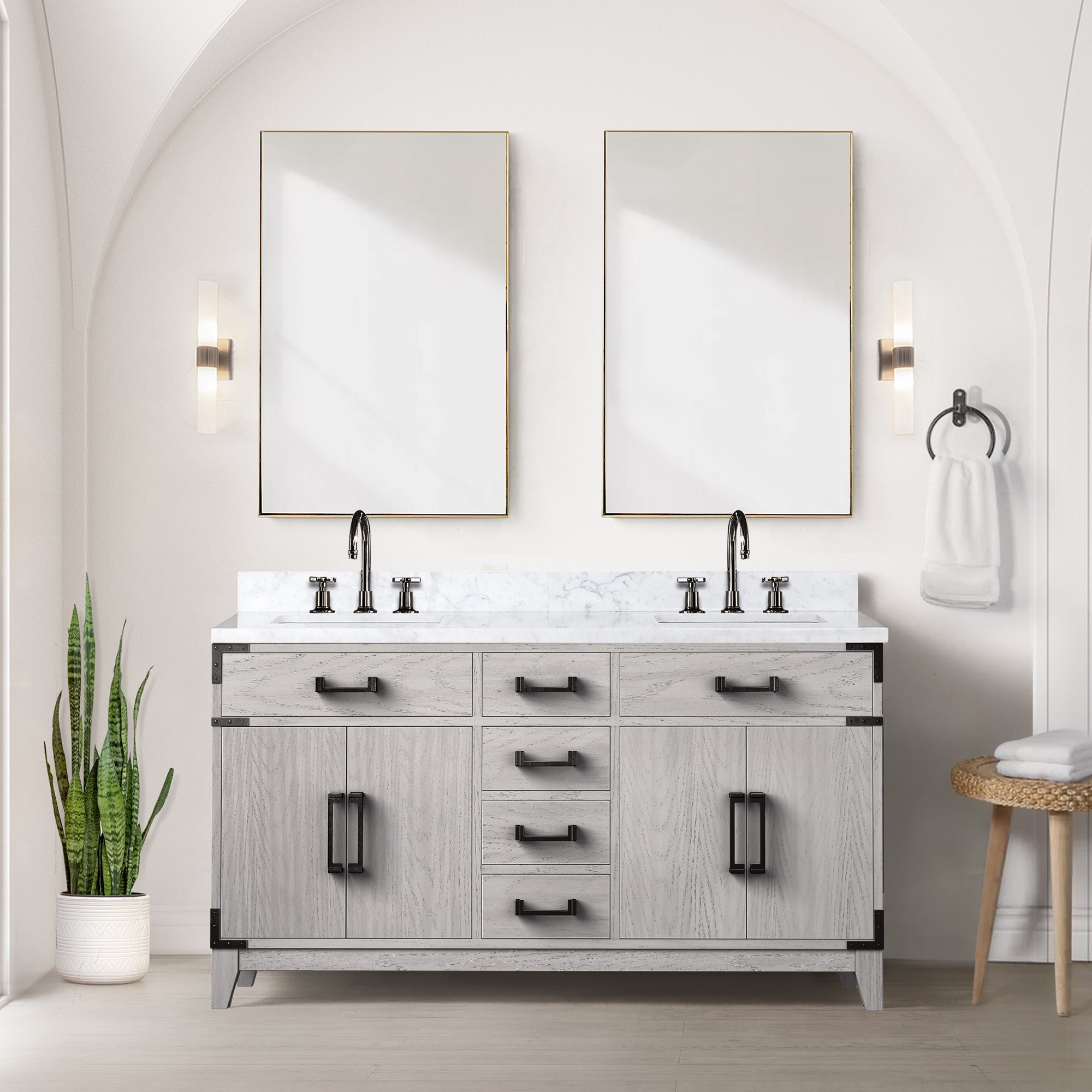 White Oak Double Bath Vanity 60 in. W x 22 in. D, Carrara Marble Top, and Faucet Set