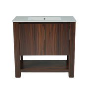 36' Modern Bathroom Vanity with Rectangle Ceramic Sink, Bathroom Cabinet with Large storage space and 45 Degrees Free-Handle Design Soft-Closing Doors, 1 Open Shelf at the Bottom, Dark Brown