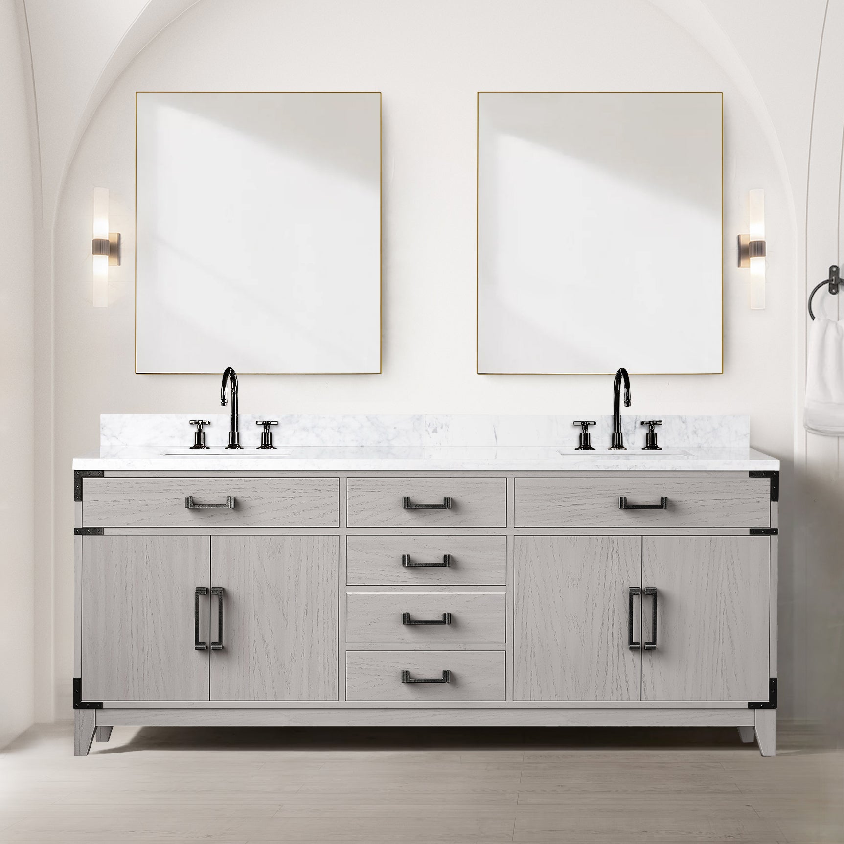 White Oak Double Bath Vanity 80 in. W x 22 in. D, with Carrara Marble Top