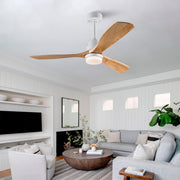 Hot sales 52 Inch Modern  Ceiling Fan With 3 Color Dimmable 3 Solide Wood Blades Remote Control Reversible DC Motor With Led Light
