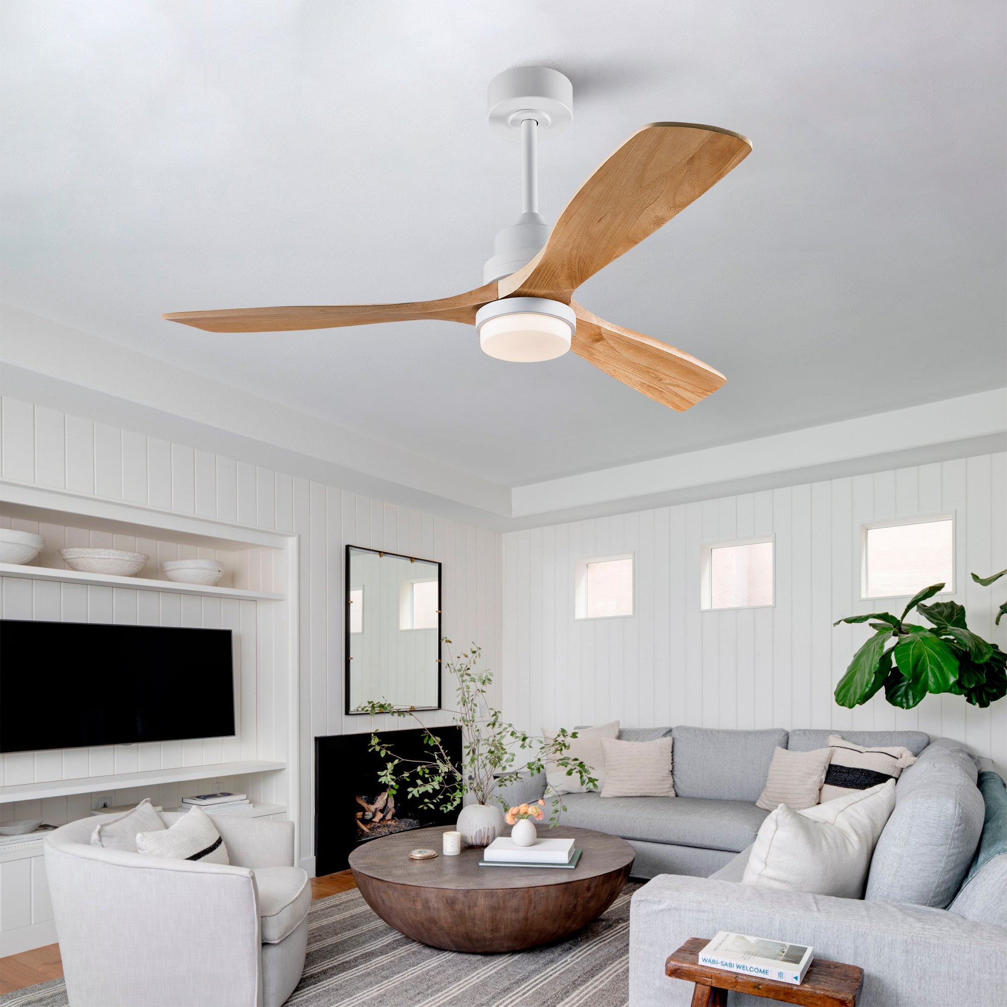 Hot sales 52 Inch Modern  Ceiling Fan With 3 Color Dimmable 3 Solide Wood Blades Remote Control Reversible DC Motor With Led Light