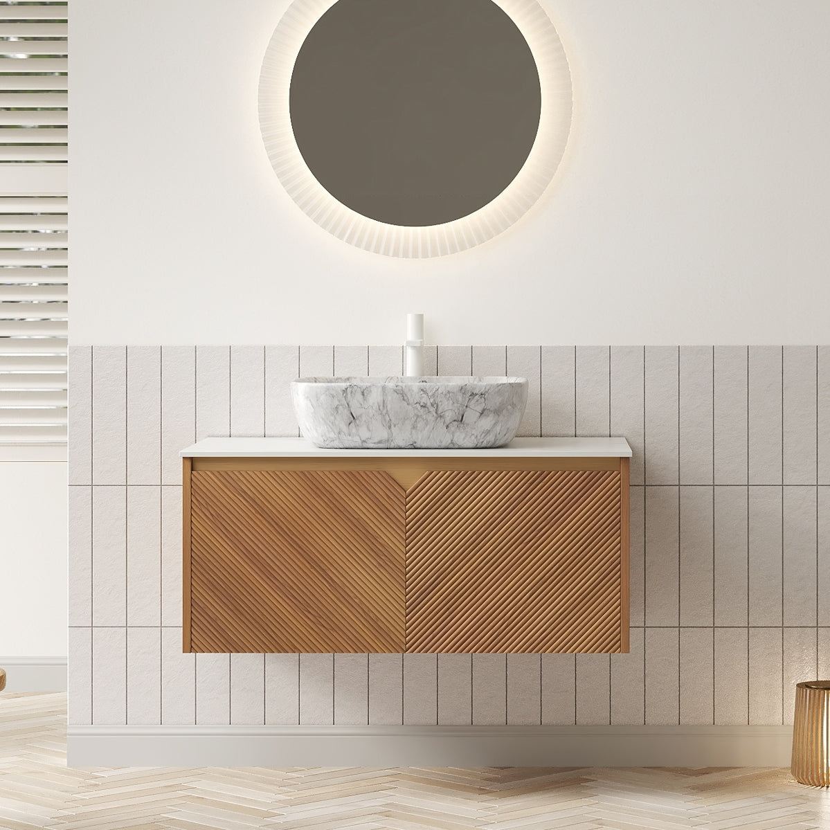 RUBEN 36' Bathroom Vanity&Sink, Floating Plywood Storage Cabinet, Twill Double Doors with Metal Trim, Marble Pattern Ceramic Vessel Basin&Carrara White Sintered Stone Top, Brown Oak Woodgrain Color