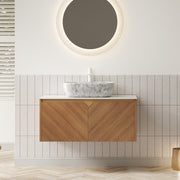 RUBEN 36' Bathroom Vanity&Sink, Floating Plywood Storage Cabinet, Twill Double Doors with Metal Trim, Marble Pattern Ceramic Vessel Basin&Carrara White Sintered Stone Top, Brown Oak Woodgrain Color