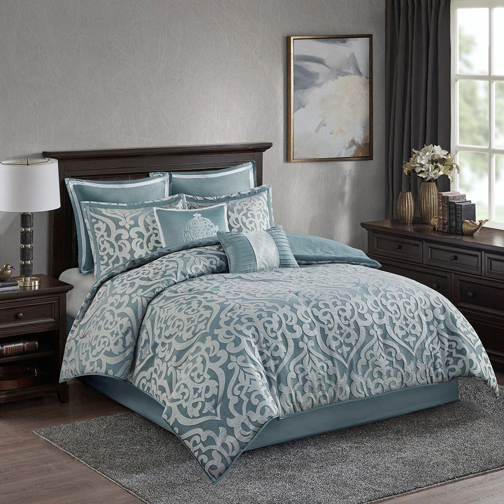 8 Piece Jacquard Comforter Set Aqua/Silver King