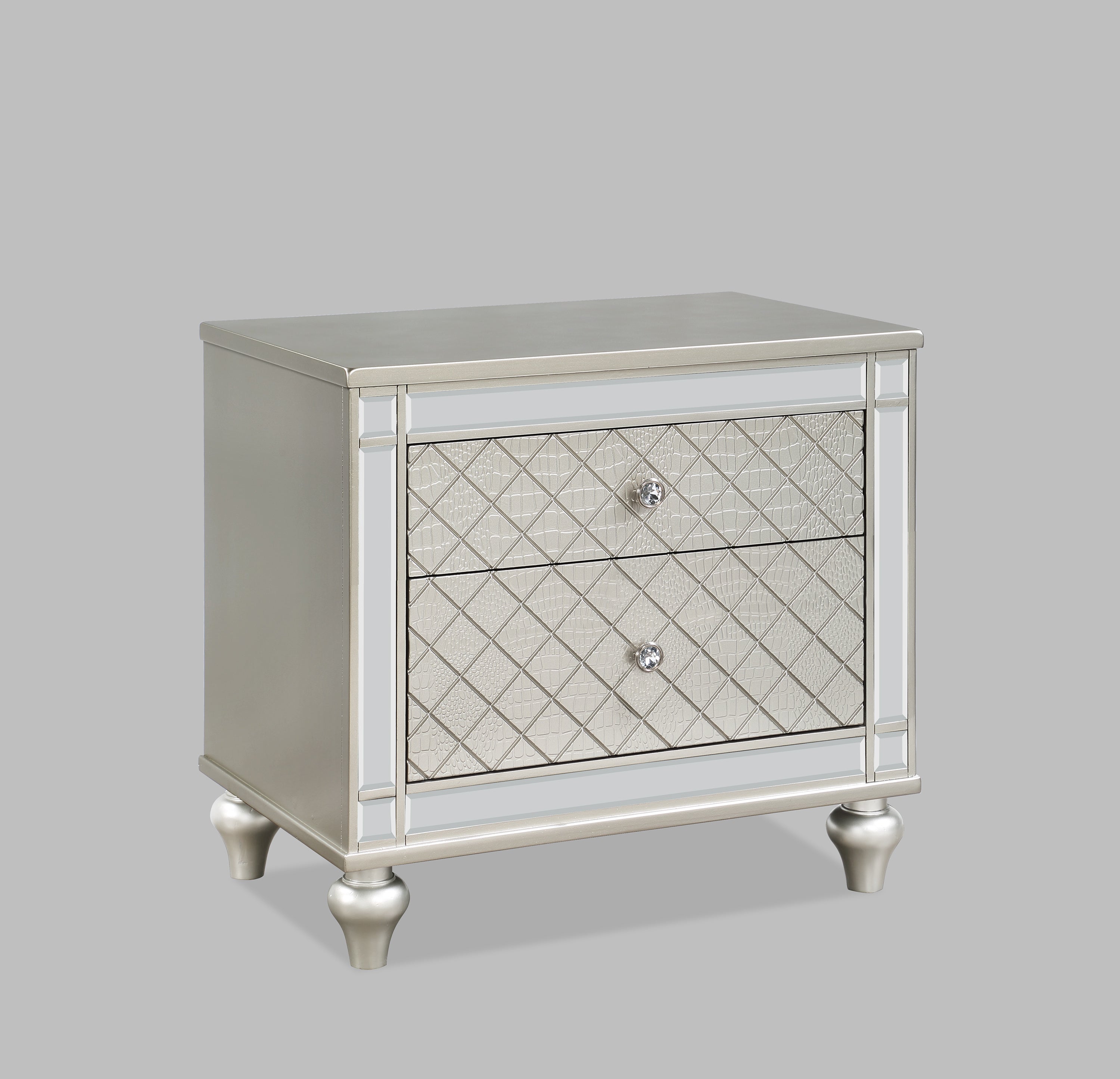 1pc Glam 2-Drawer Bedroom Nightstand Diamond Patterned Drawer Fronts Silver Finish