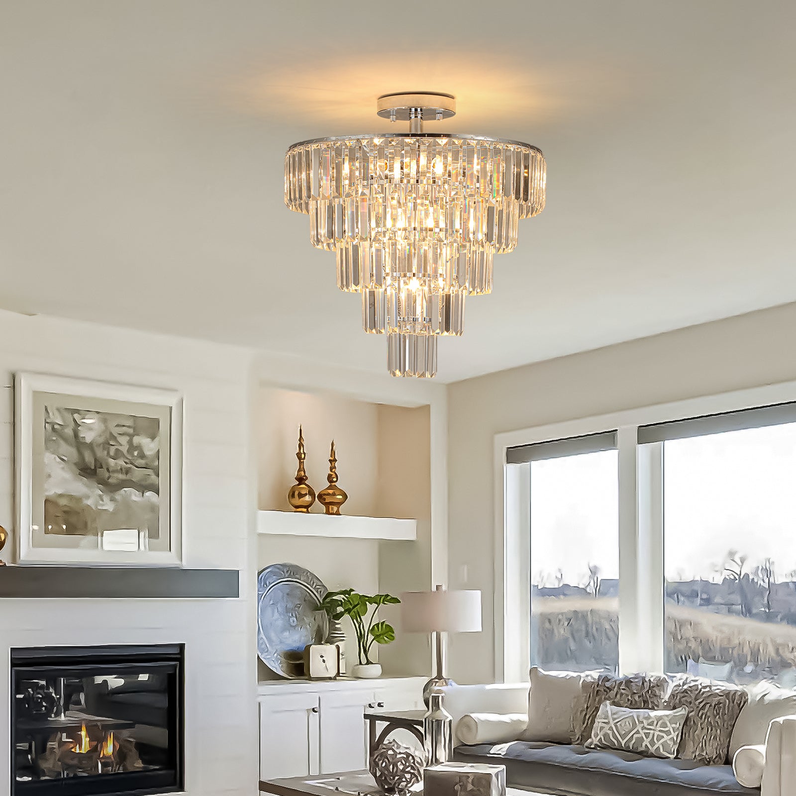Large crystal chandelier in white chrome color, modern style chandelier, dining room, living room, bedroom (Without Bulb)
