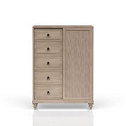 Sand Finish 5 Drawer Door Chest with Sliding Door and Hanging Storage, Solid Wood and MDF, 44x18x61 inches