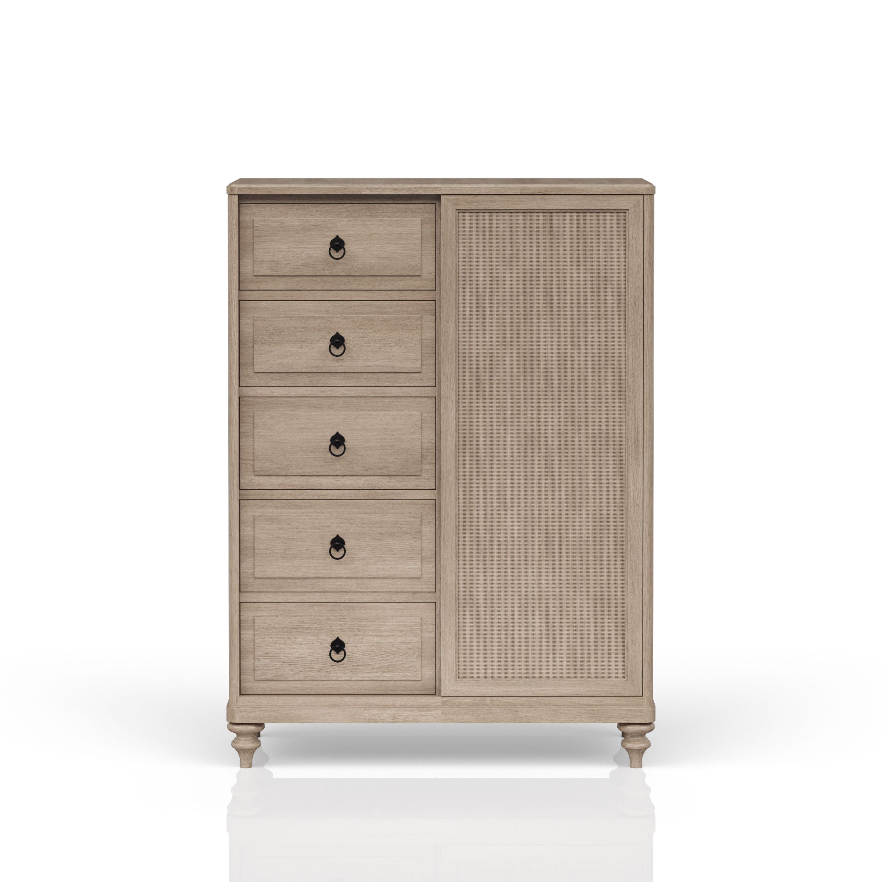 Sand Finish 5 Drawer Door Chest with Sliding Door and Hanging Storage, Solid Wood and MDF, 44x18x61 inches