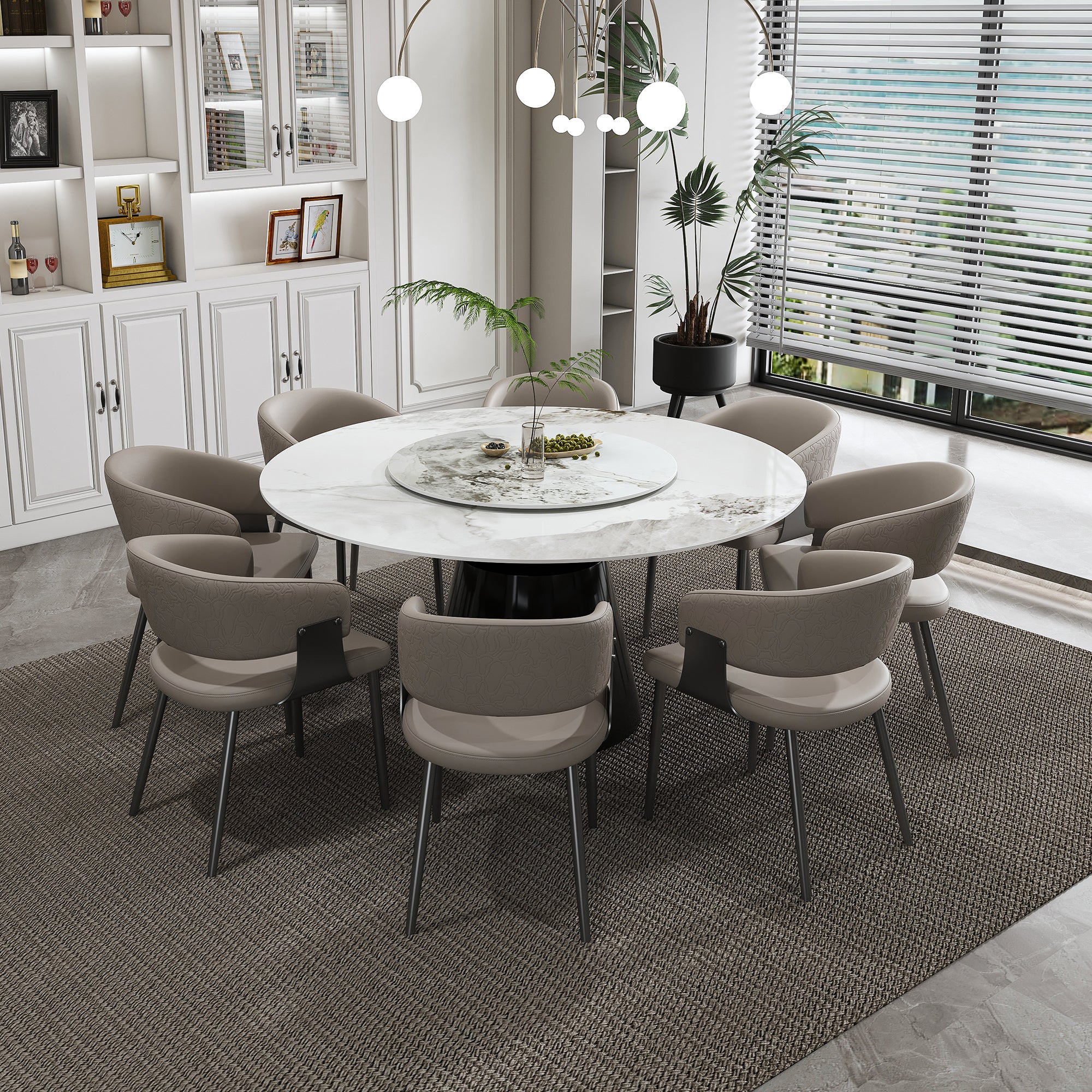 59' Round 9-Piece Dining Set - Faux Marble Table with Rotating Tray & 8 PU Leather Chairs, Modern Kitchen/Dining Room Table Set for Restaurant & Home