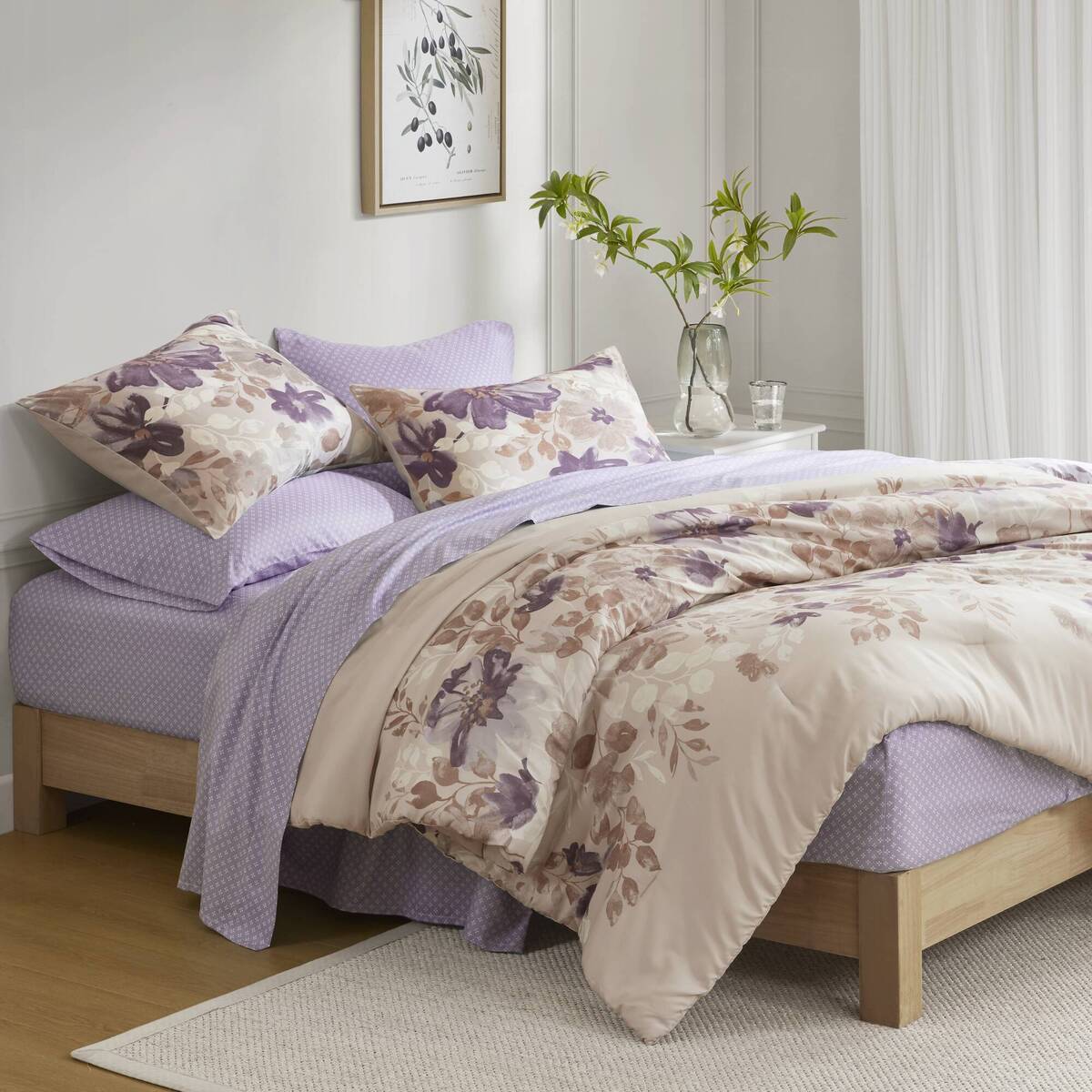 Floral Comforter Set with Bed Sheets Taupe Full