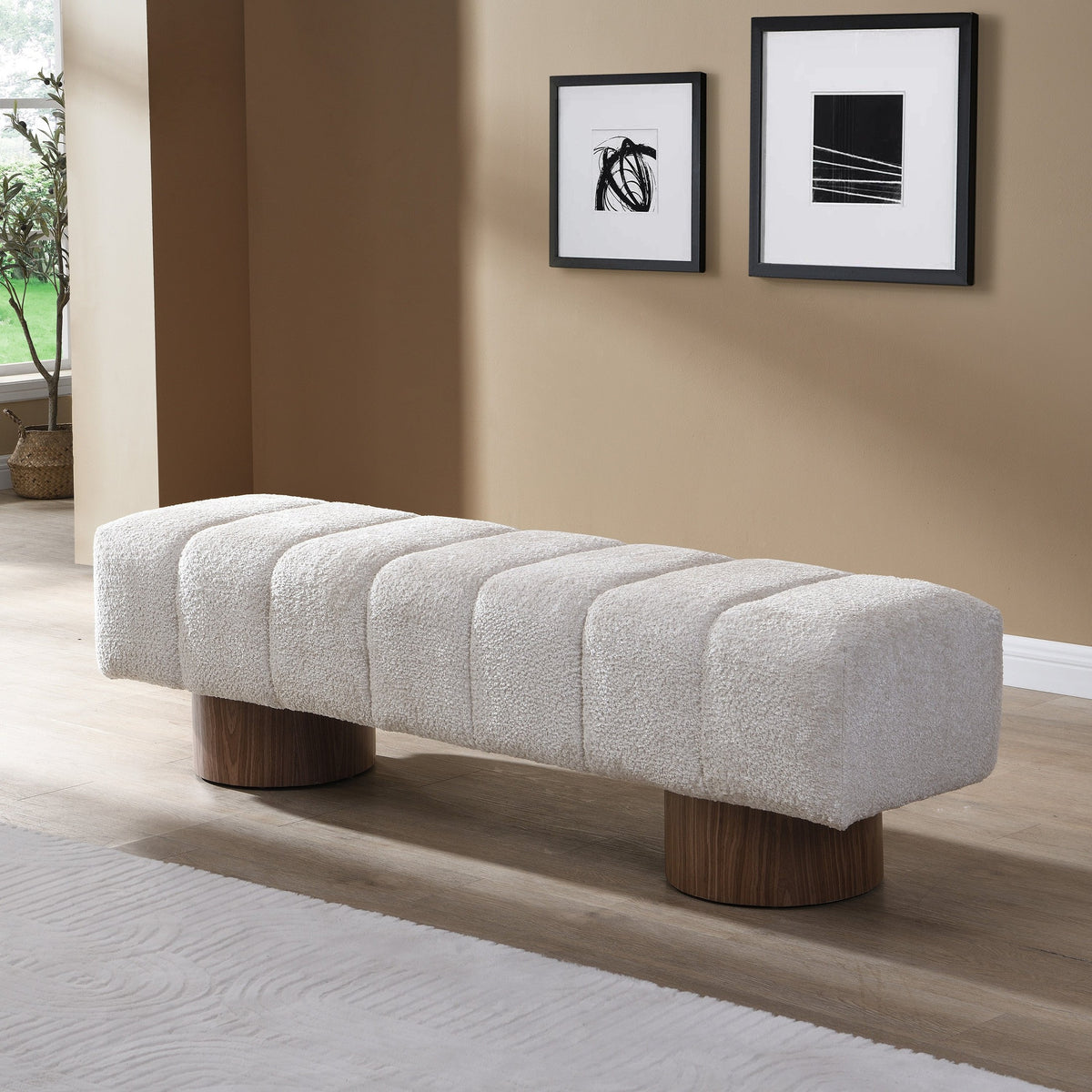 Upholstered Dining Bench for Dining Room, No-Assembly End of Bed Entryway Bench Ottoman for Bedroom Living Room, Beige Faux Fur Fabric Stool Top Wood Leg 300 LBS Weight Capacity