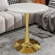 27.6-inch gold coffee table, mid-century modern style dining table, accommodates 2-4 people, featuring a round white-veined marble tabletop, suitable for various settings.