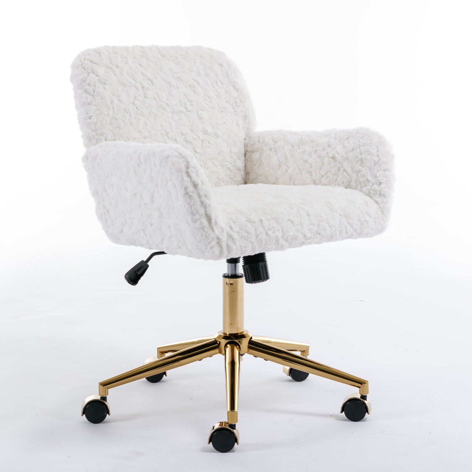 A&A Furniture Artificial Rabbit Hair Office Chair with Golden Metal Base, Adjustable Swivel Vanity Chair, Beige Velvet