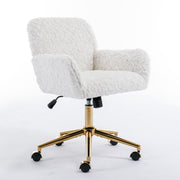 A&A Furniture Artificial Rabbit Hair Office Chair with Golden Metal Base, Adjustable Swivel Vanity Chair, Beige Velvet