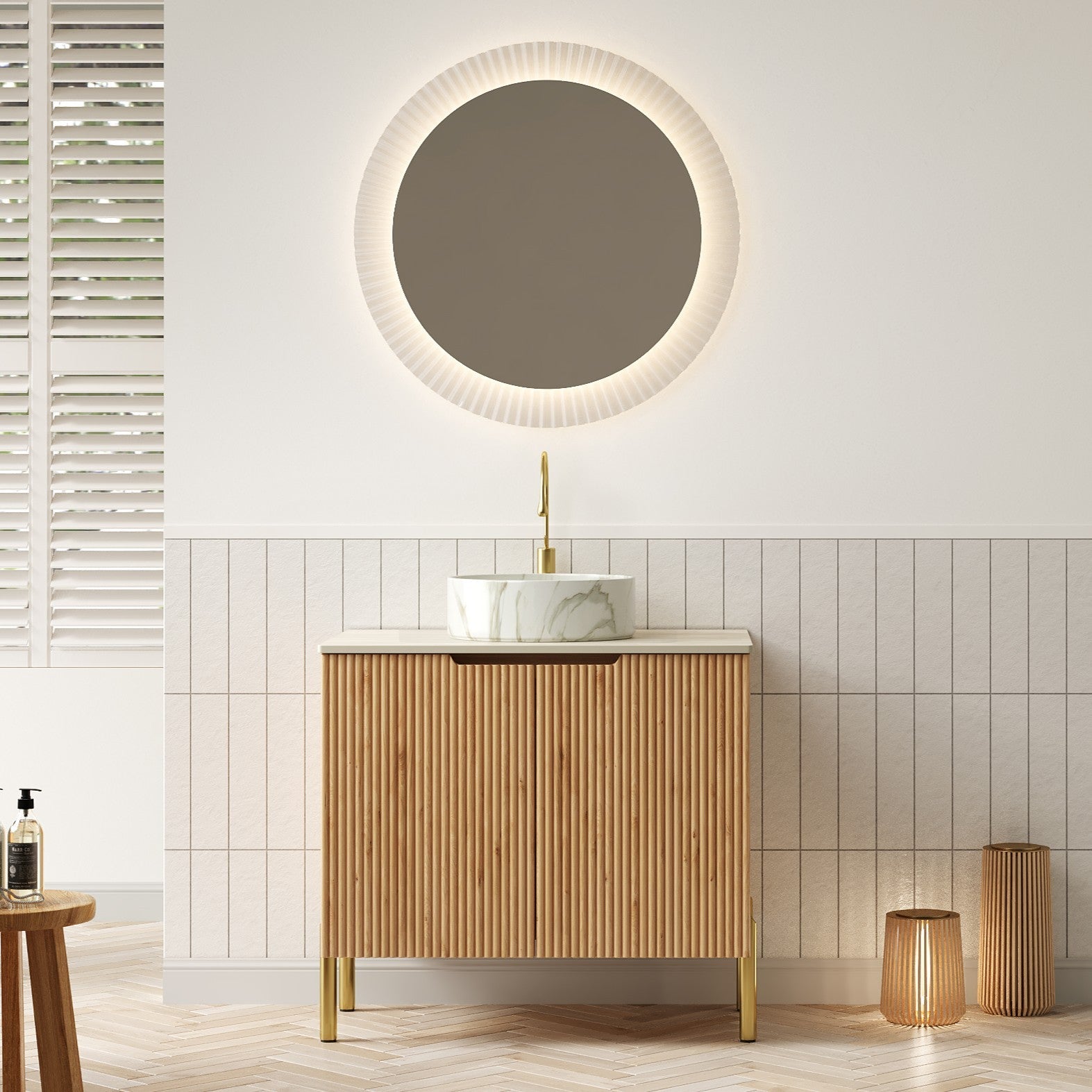 TURIO 30' Bathroom Vanity with Sink, Freestanding Plywood Bathroom Storage Cabinet with 2 Doors, White Basin with Stone Pattern and Roma Travertine-Pattern Sintered Stone Counter Top, Woodgrain Color