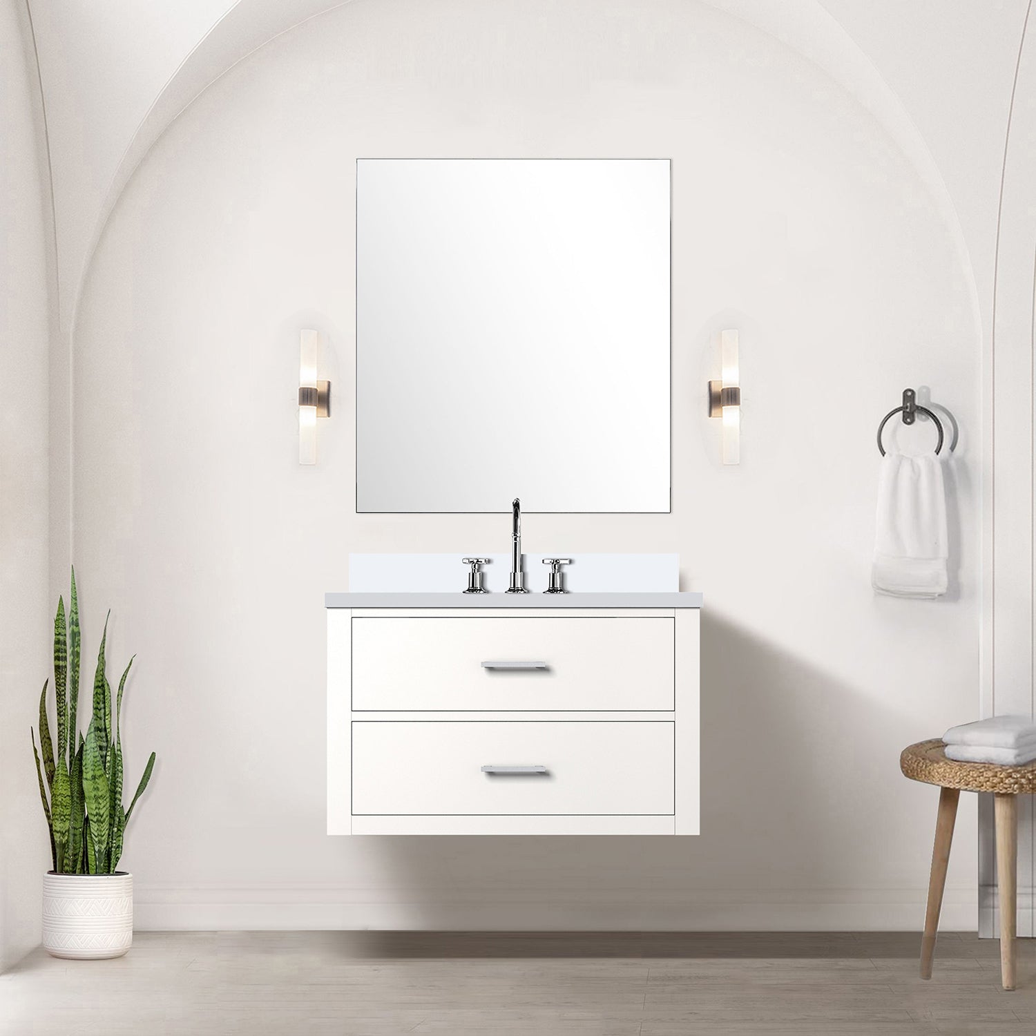 White Single Bath Vanity 30 in. W x 22 in. D, Cultured Marble Top, and Faucet Set