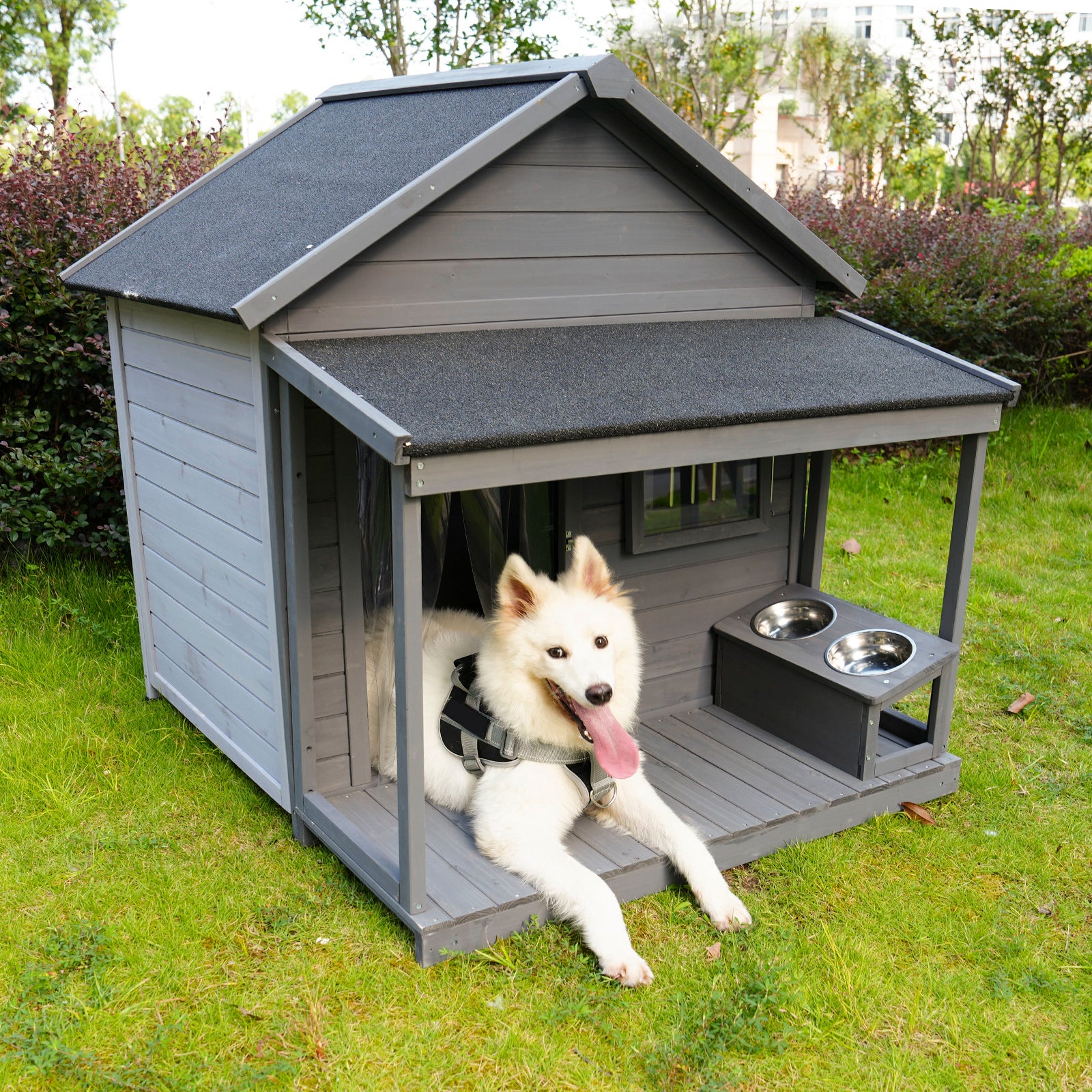 Large balcony dog house, length 44.2' x width 44.6 'x height 44.6' Solid wood asphalt roof dog house with large terrace, weatherproof large dog house, cleaning mat, feeding bowl