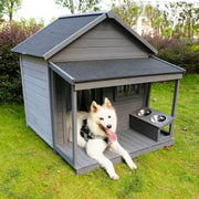 Large balcony dog house, length 44.2' x width 44.6 'x height 44.6' Solid wood asphalt roof dog house with large terrace, weatherproof large dog house, cleaning mat, feeding bowl