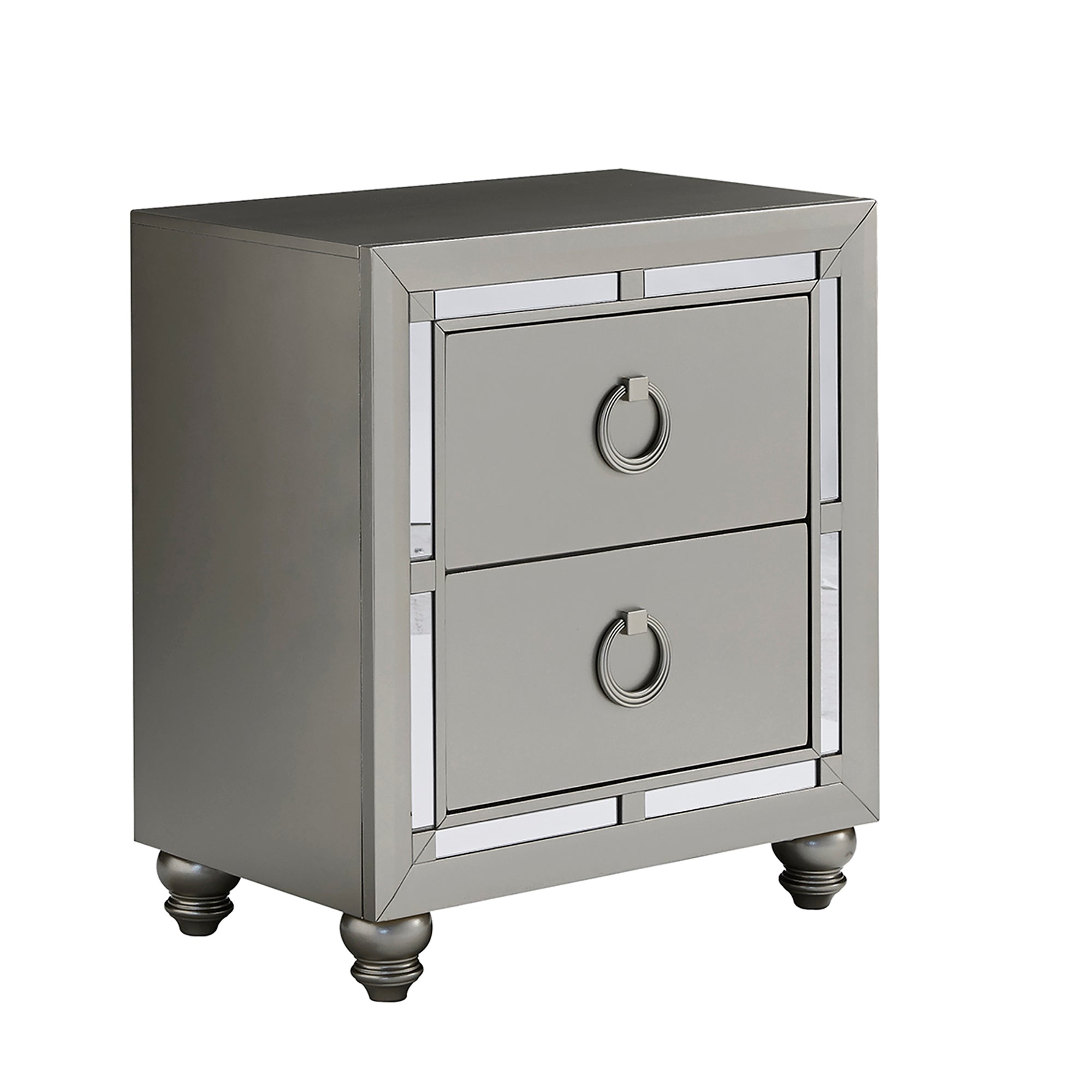 Chloe Gemstone Silver Nightstand with Mirror Accents and Spacious Drawers in Solid Wood and MDF