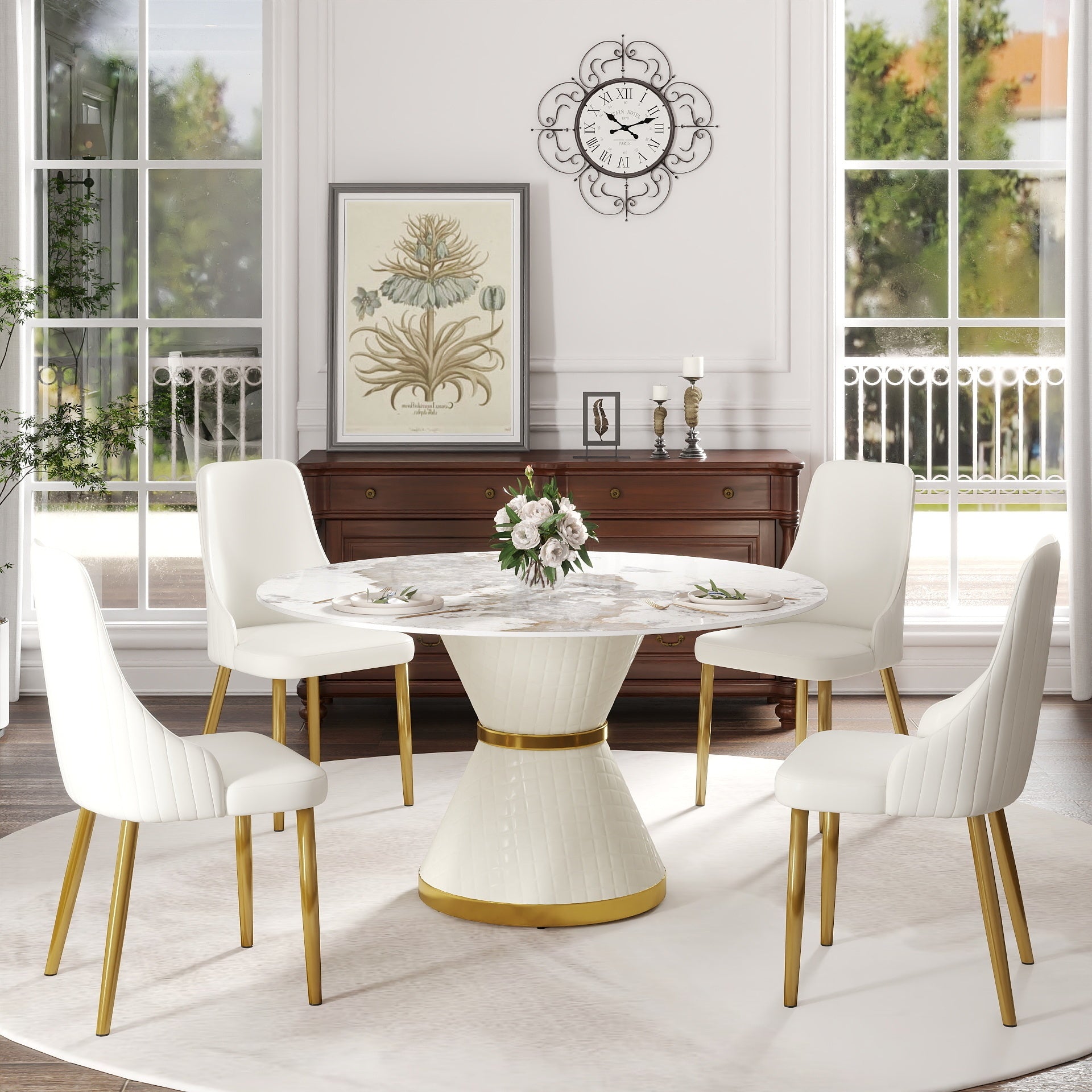 53.15'Modern artificial stone round white carbon steel base dining table-can accommodate 6 people(Only the table)