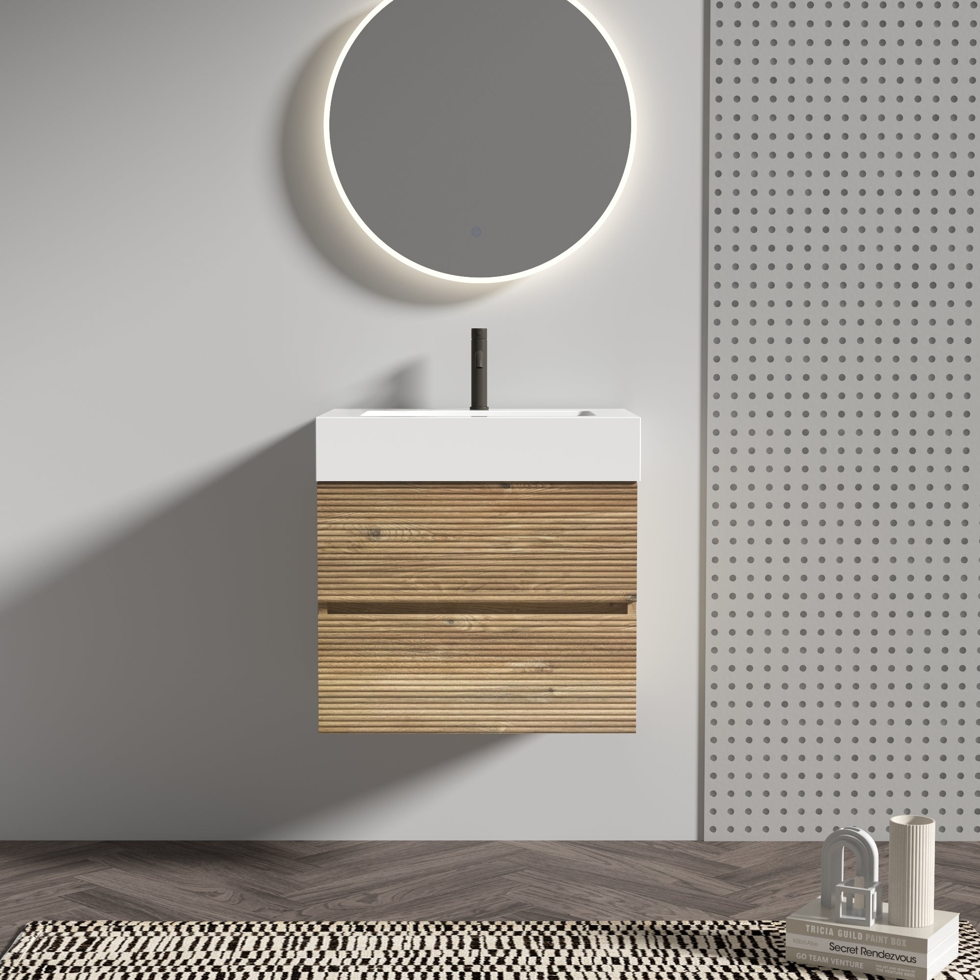 Grace 24   Rough Oak+Rough Oak Bathroom Vanity with White Engineered Quartz Sink and Soft Drawers, Wall Mounted Floating Bathroom Vanity for Modern Bathroom, One-Piece White Glossy Basin, KD