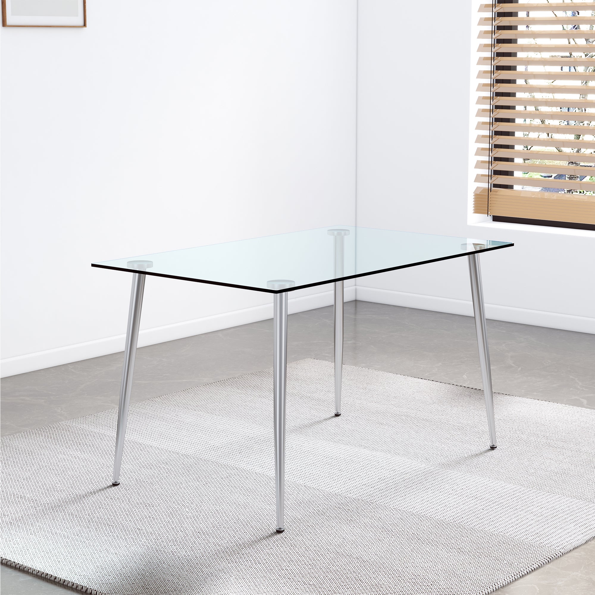 Modern Minimalist Rectangular Glass Dining Table for 4-6 with 0.31' Tempered Glass Tabletop and Silver plating Metal Legs, for Kitchen Dining Living Room,51' *31'* 30'.W1151S03879
