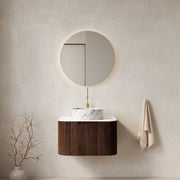 DINA 24' Bathroom Vanity with Sink, Wall-Mounted Floating Curved Edges Striped Bathroom Storage Cabinet with Drawer, White Ceramic Basin with Stone Pattern, Pre-assembled, Dark Walnut Woodgrain Color