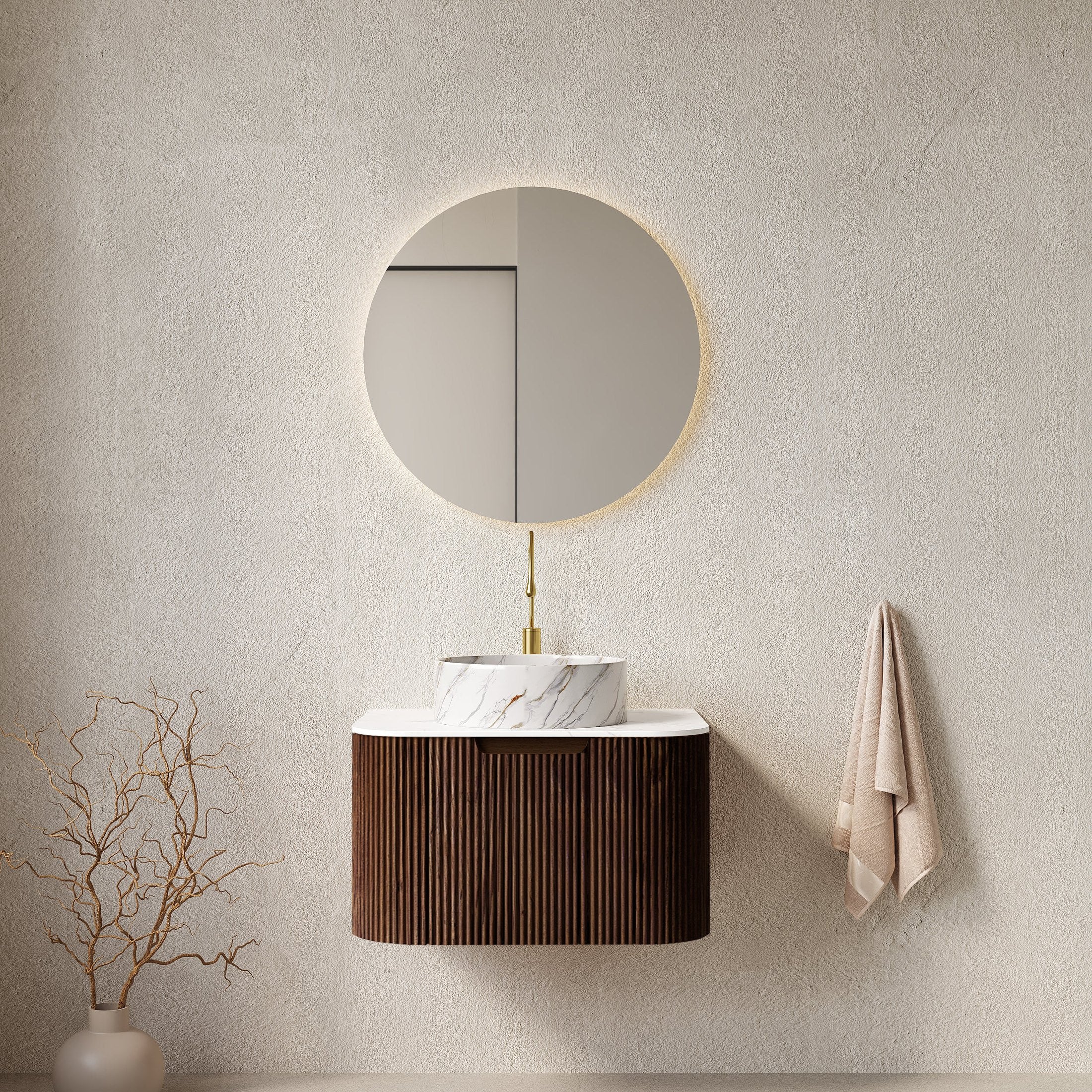 DINA 24' Bathroom Vanity with Sink, Wall-Mounted Floating Curved Edges Striped Bathroom Storage Cabinet with Drawer, White Ceramic Basin with Stone Pattern, Pre-assembled, Dark Walnut Woodgrain Color