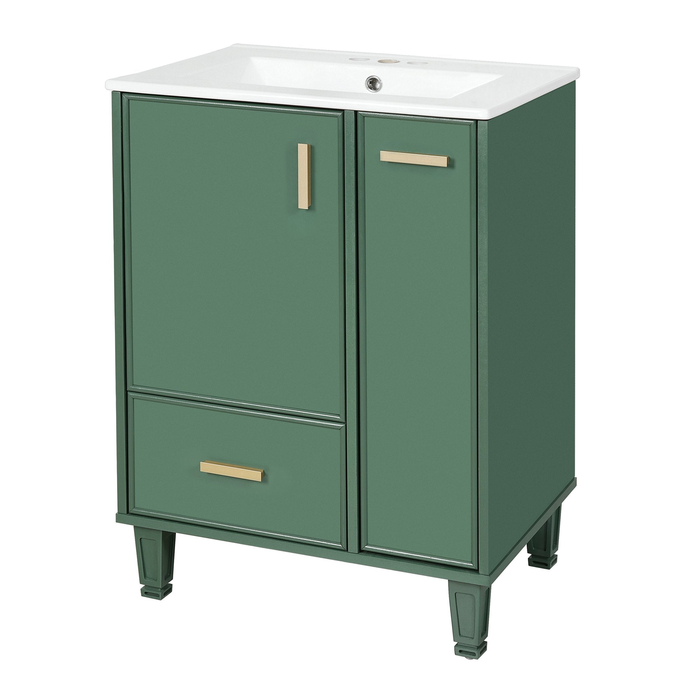Green Solid Wood and MDF 24' Bathroom Vanity with Sink, Deep Drawer, Door Shelf, 2-Tier Basket
