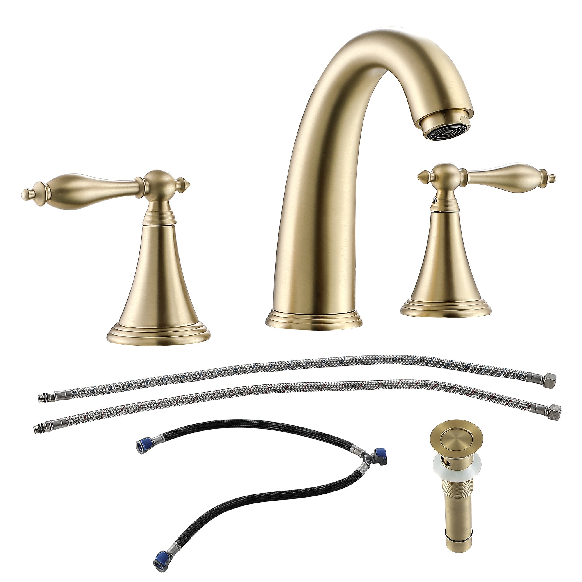 Elegant Gold 2 Handle Widespread Bathroom Faucet with Pop Up Drain and Water Supply Lines, Stainless Steel & Brass