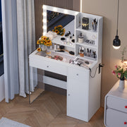 Vanity Desk with Mirror and 3 Lighting Modes, Makeup Vanity with Glass Top and Storage Shelves, Dressing Table with 2 Drawers and Cabinet, White