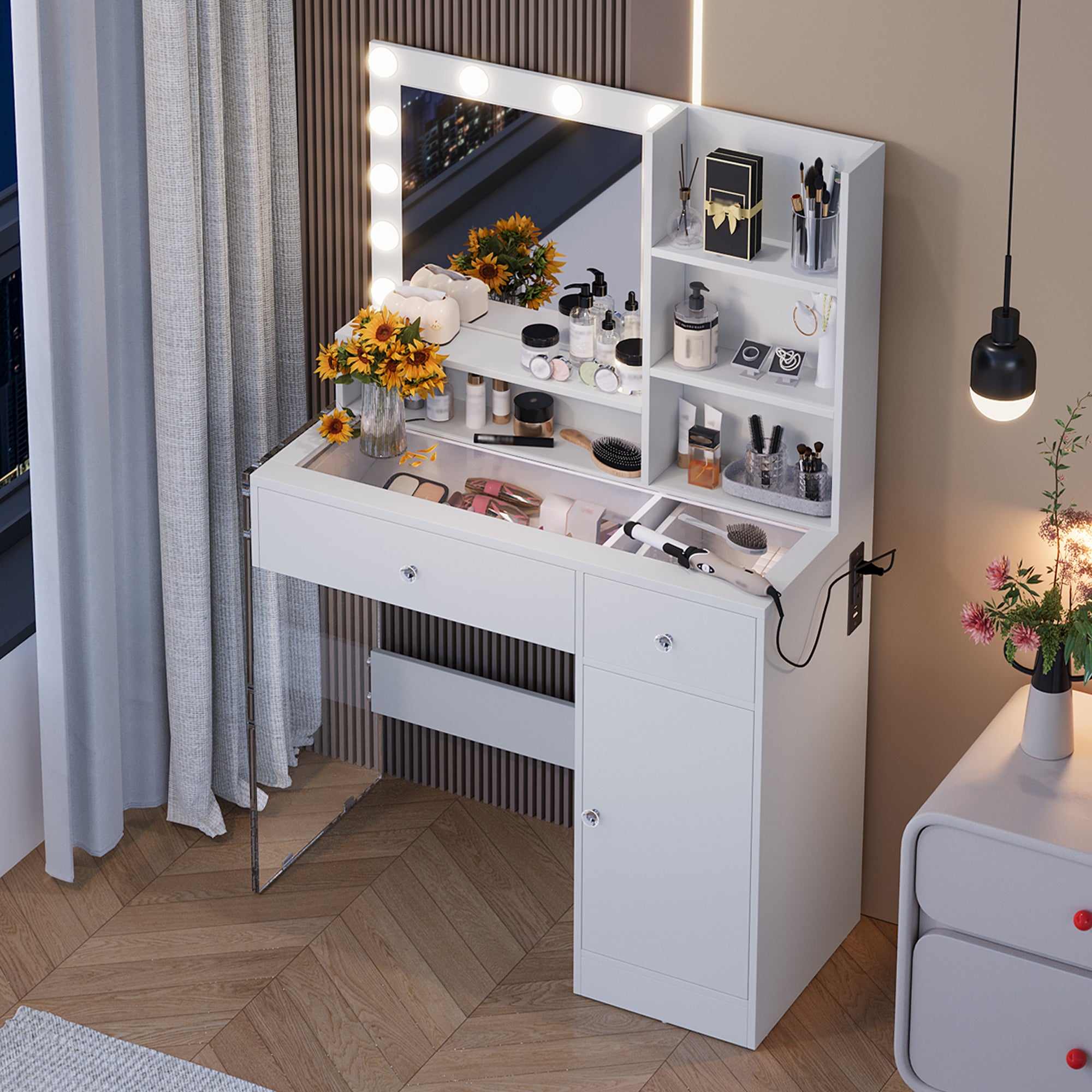 Vanity Desk with Mirror and 3 Lighting Modes, Makeup Vanity with Glass Top and Storage Shelves, Dressing Table with 2 Drawers and Cabinet, White