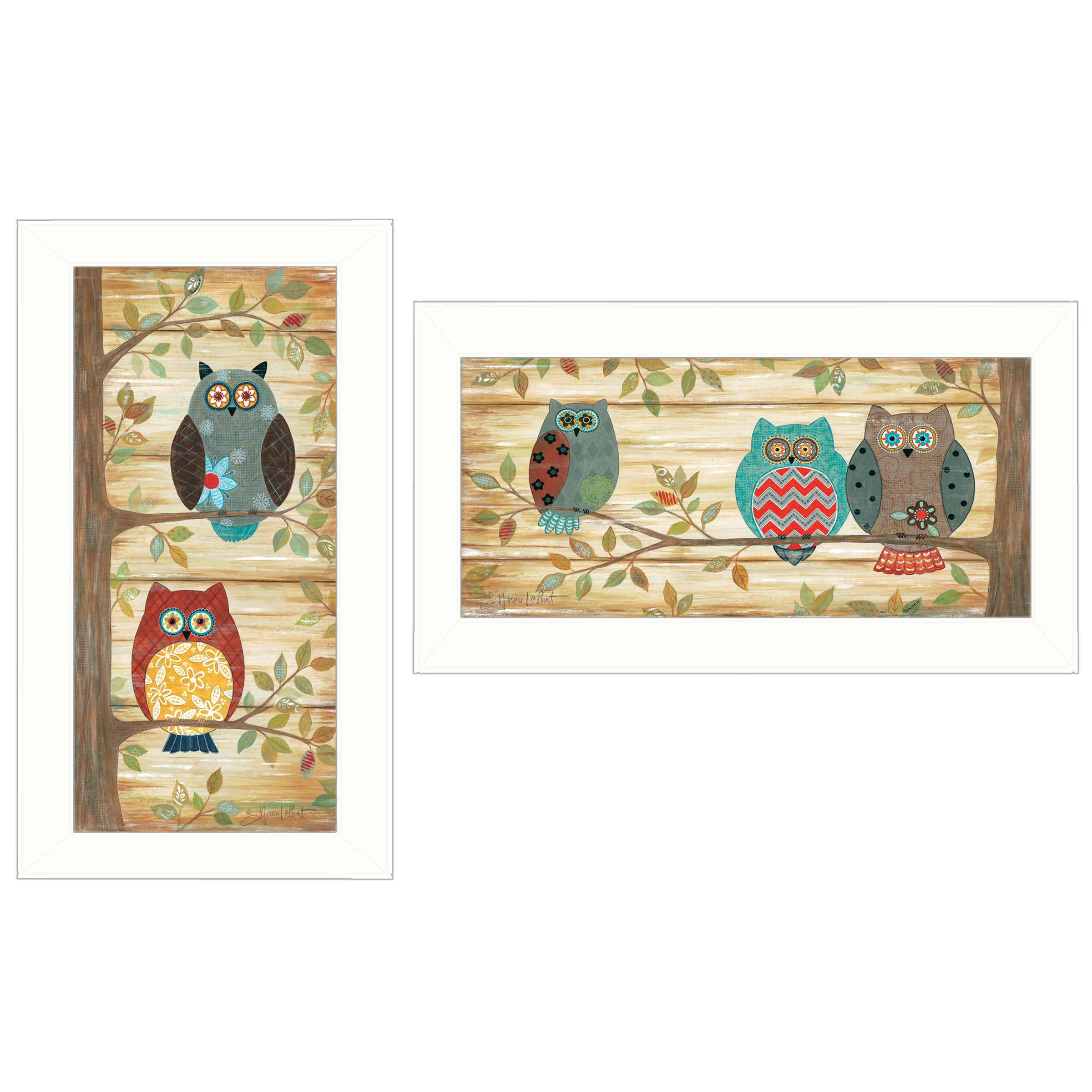 'Whimsical Owls' 2-Piece Vignette by Annie LaPoint, White Frame