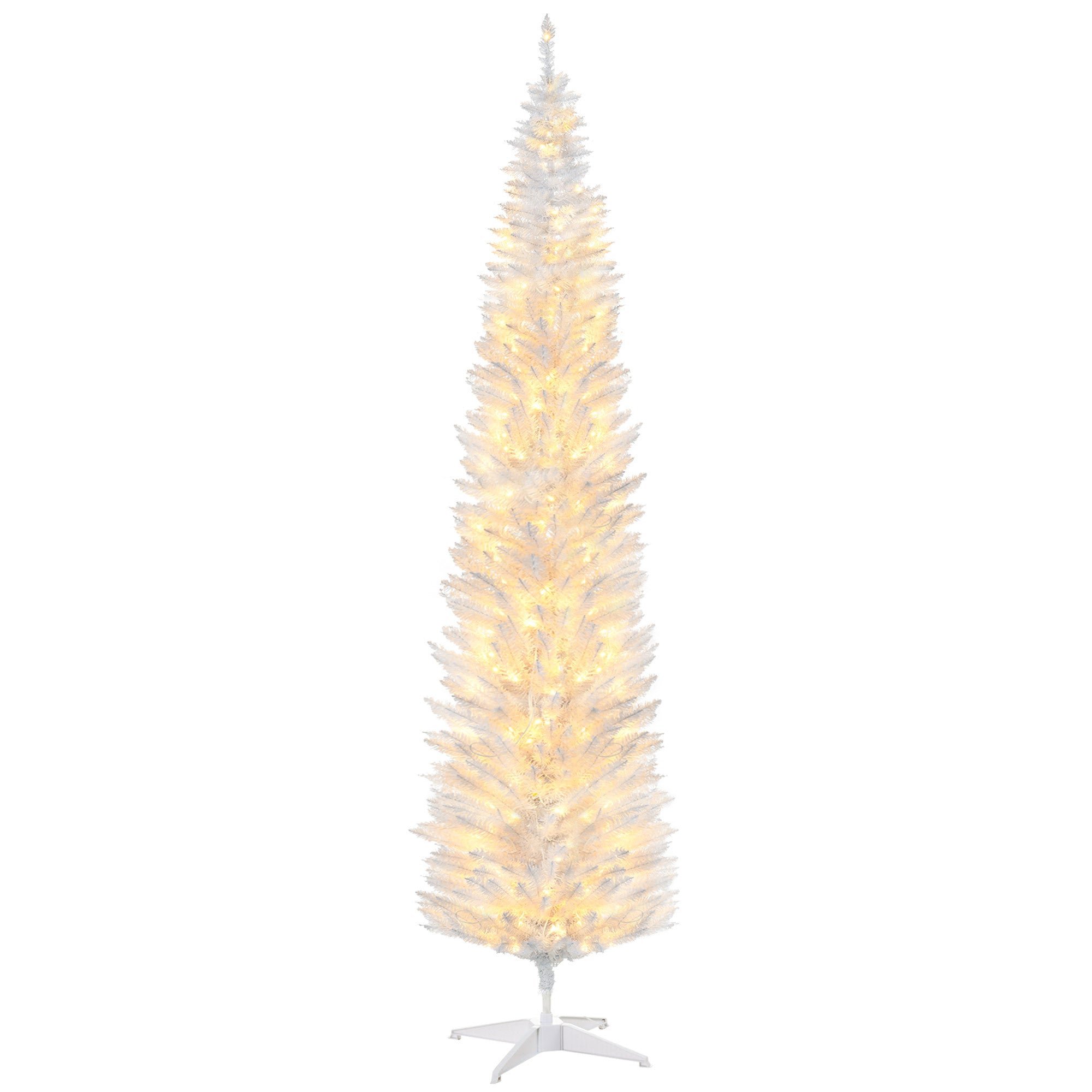 HOMCOM 8' Tall Pre-Lit Slim Noble Fir Artificial Christmas Tree with 300 Warm White LED Lights and 618 Tips, for Christmas Decoration, White