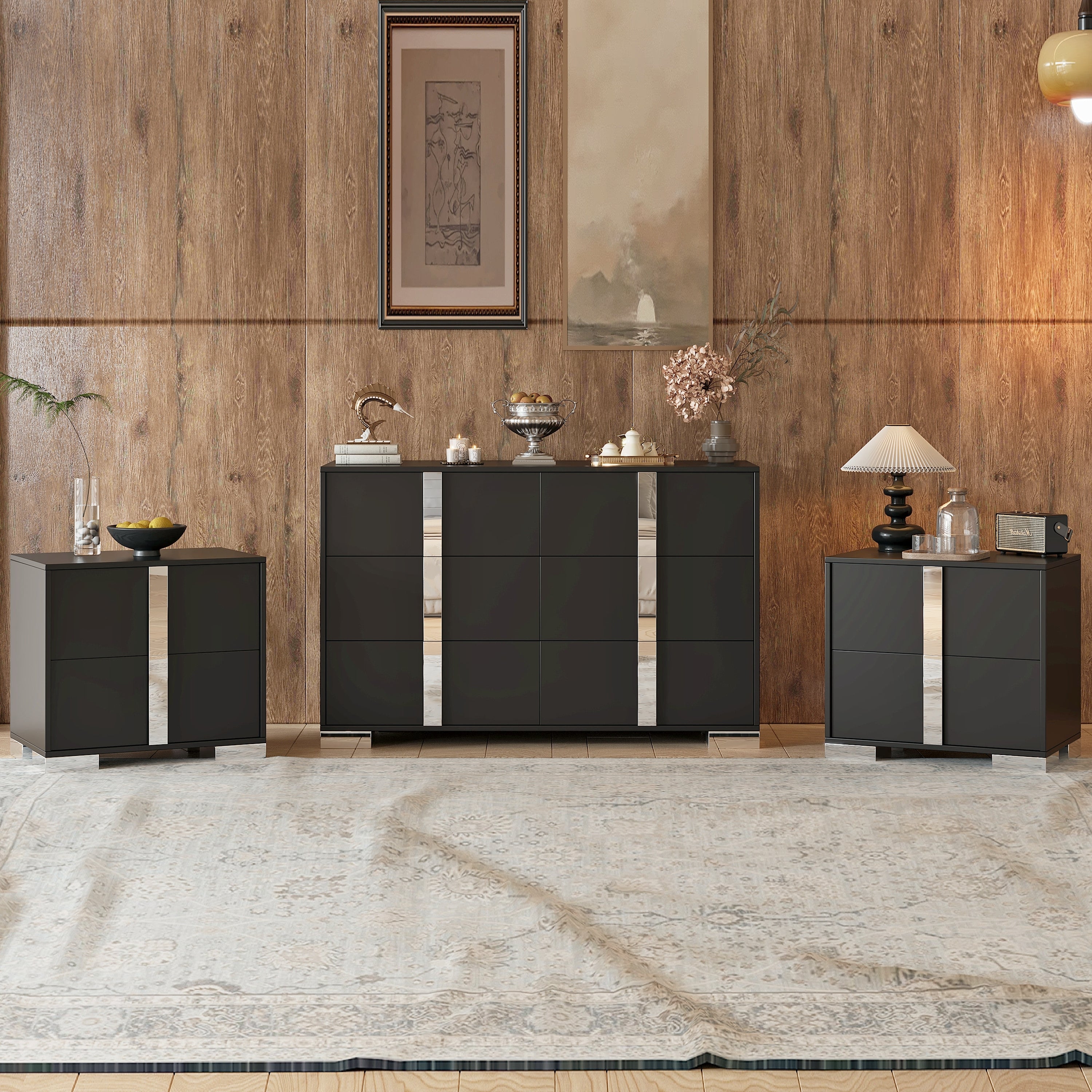 3-Pieces Sets, Elegant 6 Drawers Dresser and Two Nightstands, Storage Cabinet and Bedside Table with Metal Legs, for Bedroom and Living Room, Black