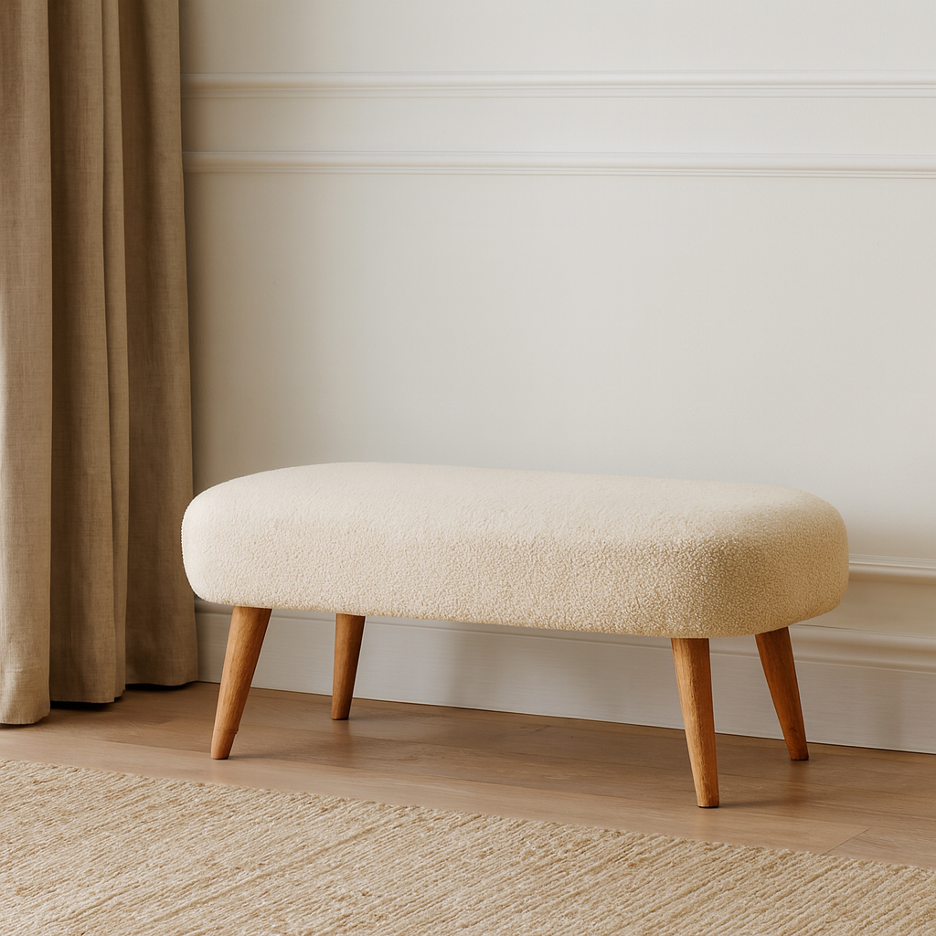 Boucle Hallway Bench, Upholstered, Nordic Legs, Beige and Light Brown