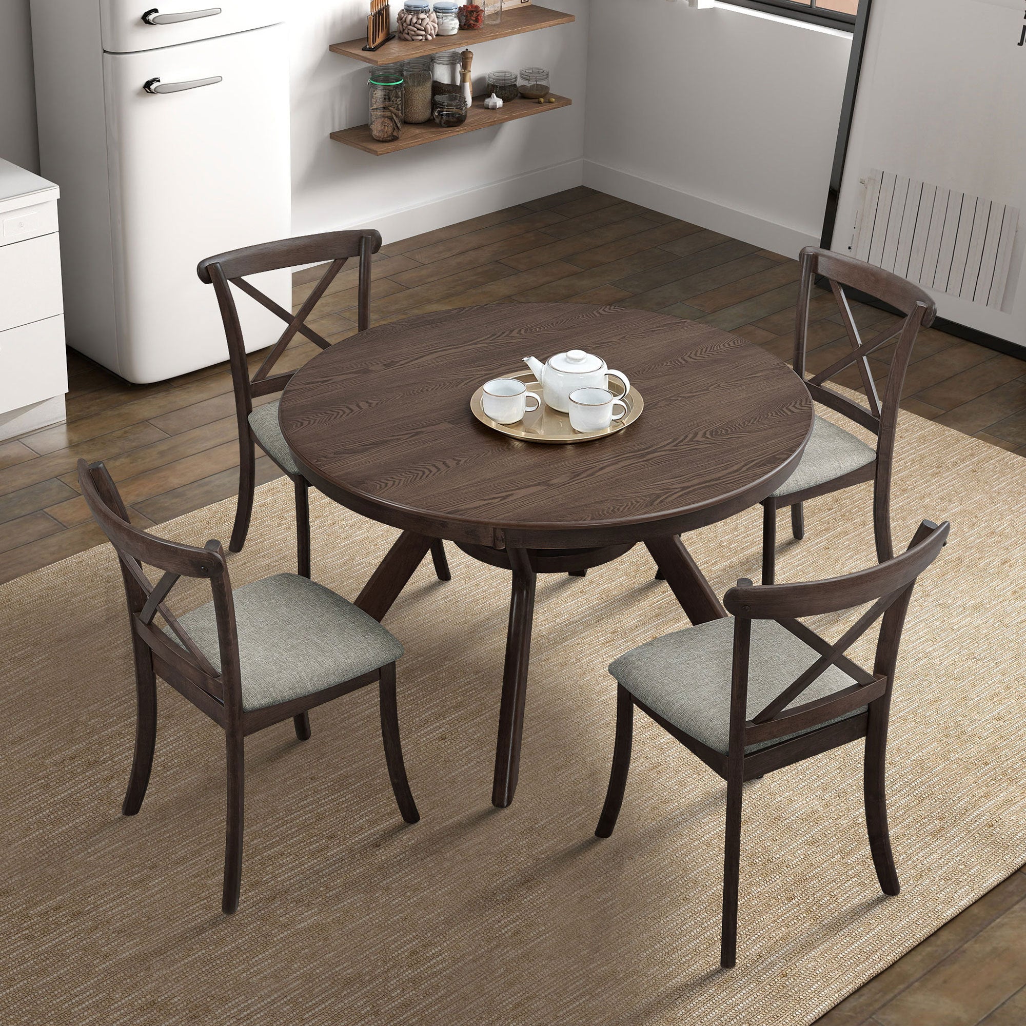 Wooden Dining Table Set, Mid Century Modern Round Rubber Wood Kitchen Table and Cross Back Upholstered Dining Chairs for Dining Room, Kitchen, Saving Space (1 Table with 4 Chairs), Dark Brown