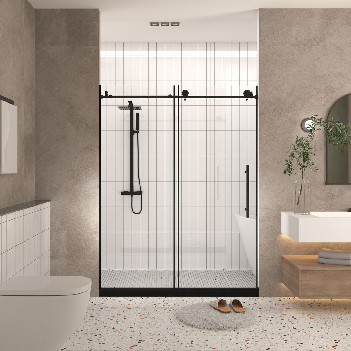 Frameless shower door 56-60 'W x 76' H, 1/4 '(6 mm) Clear Tempered Glass, Explosion Proof Film, Stainless Steel Handle, Matte Black