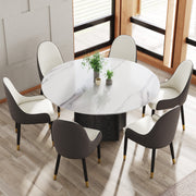 59.05' Round Marble Dining Table with Black Textured Solid Wood Base, Artificial Marble for 6-8 People, Dining Room/Living Room Kitchen Dining Table,White (Dining Table Only)