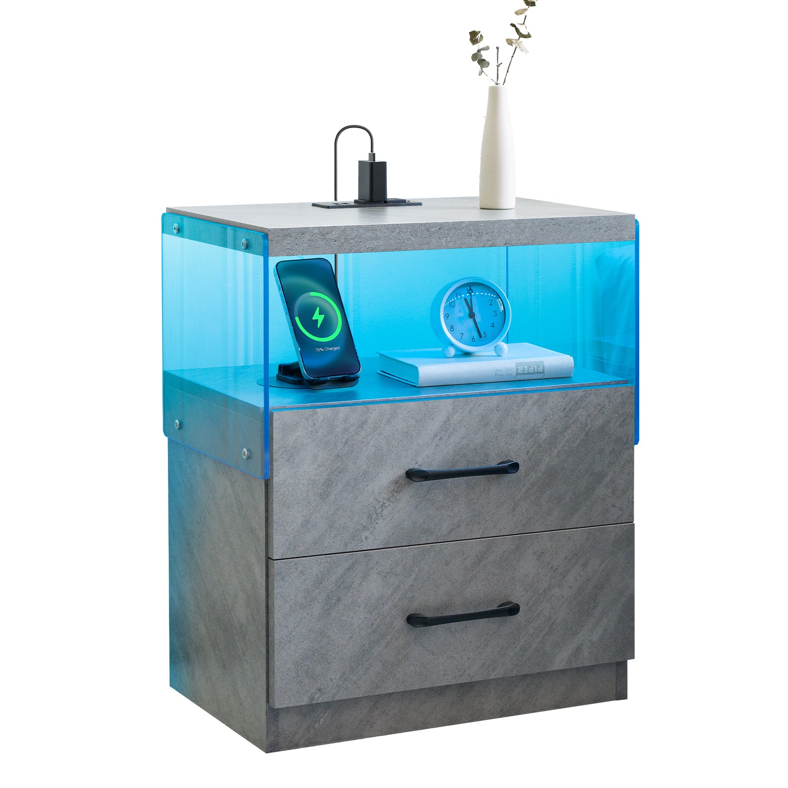 Nightstand with LED Lights, Adjustable Light Colors, Bedside Table, Side Table with 2 Drawers,Grey