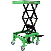 Hydraulic Motorcycle Scissor Jack Lift with Foot Step and Wheels for Dirt Bikes, Green Steel, 350 lbs Capacity