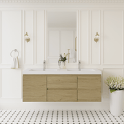 60' Floating Bathroom Vanity with Sink, Modern Wall-Mounted Bathroom Storage Vanity Cabinet with Solid Surface Top Basin, Two Sinks and Soft Close Drawers, Natural Oak 24V11-60DNO