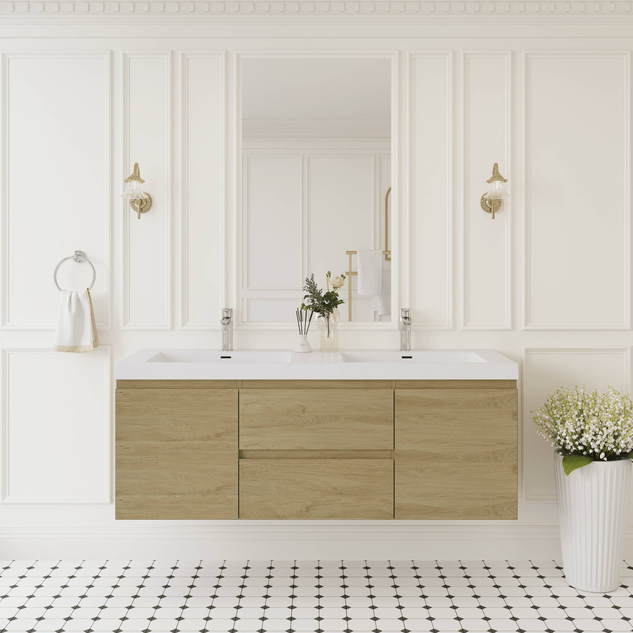 60' Floating Bathroom Vanity with Sink, Modern Wall-Mounted Bathroom Storage Vanity Cabinet with Solid Surface Top Basin, Two Sinks and Soft Close Drawers, Natural Oak 24V11-60DNO