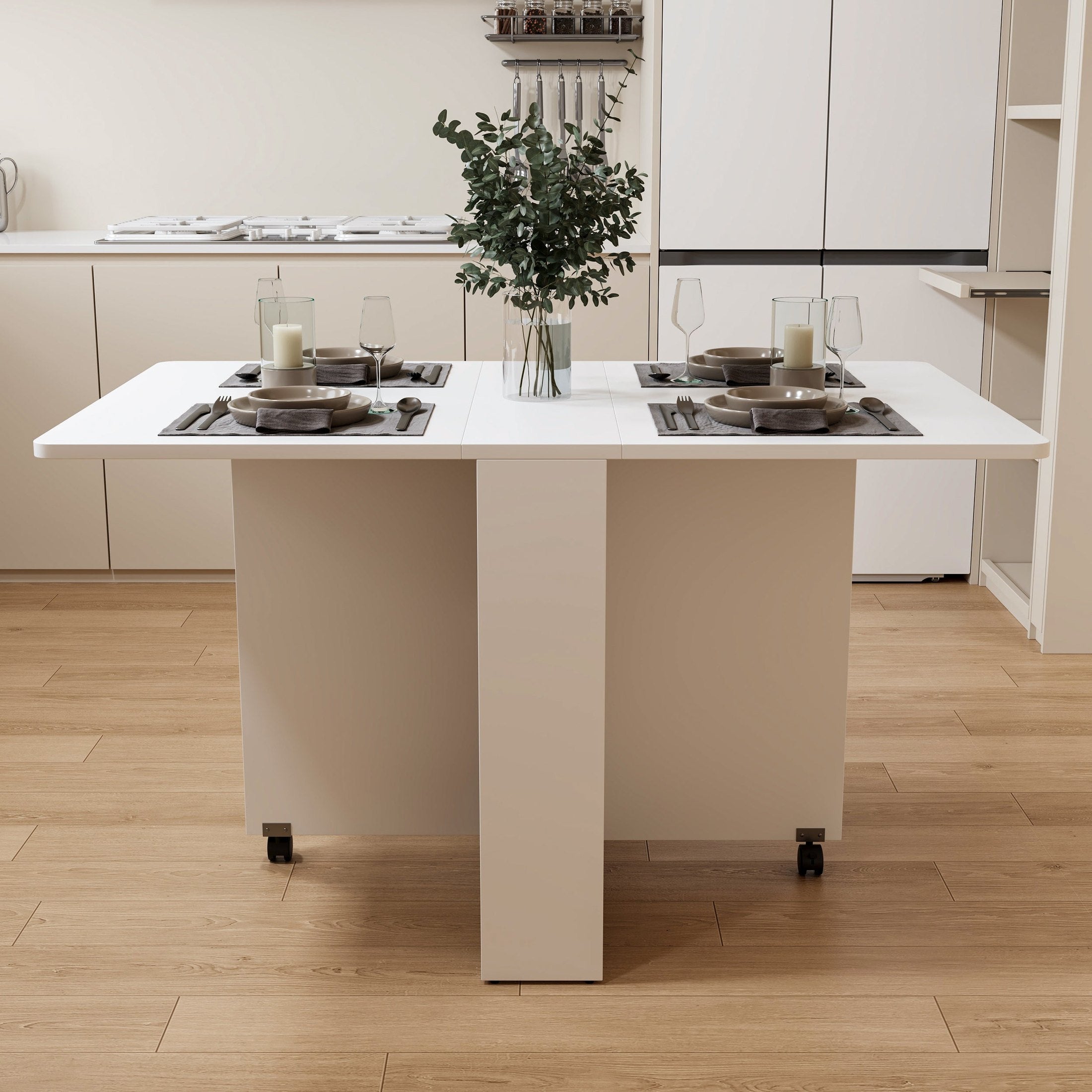 Fully unfolded 51.18 inches white foldable table, suitable for small family table or display table convenient, home simple long table, simple and lightweight