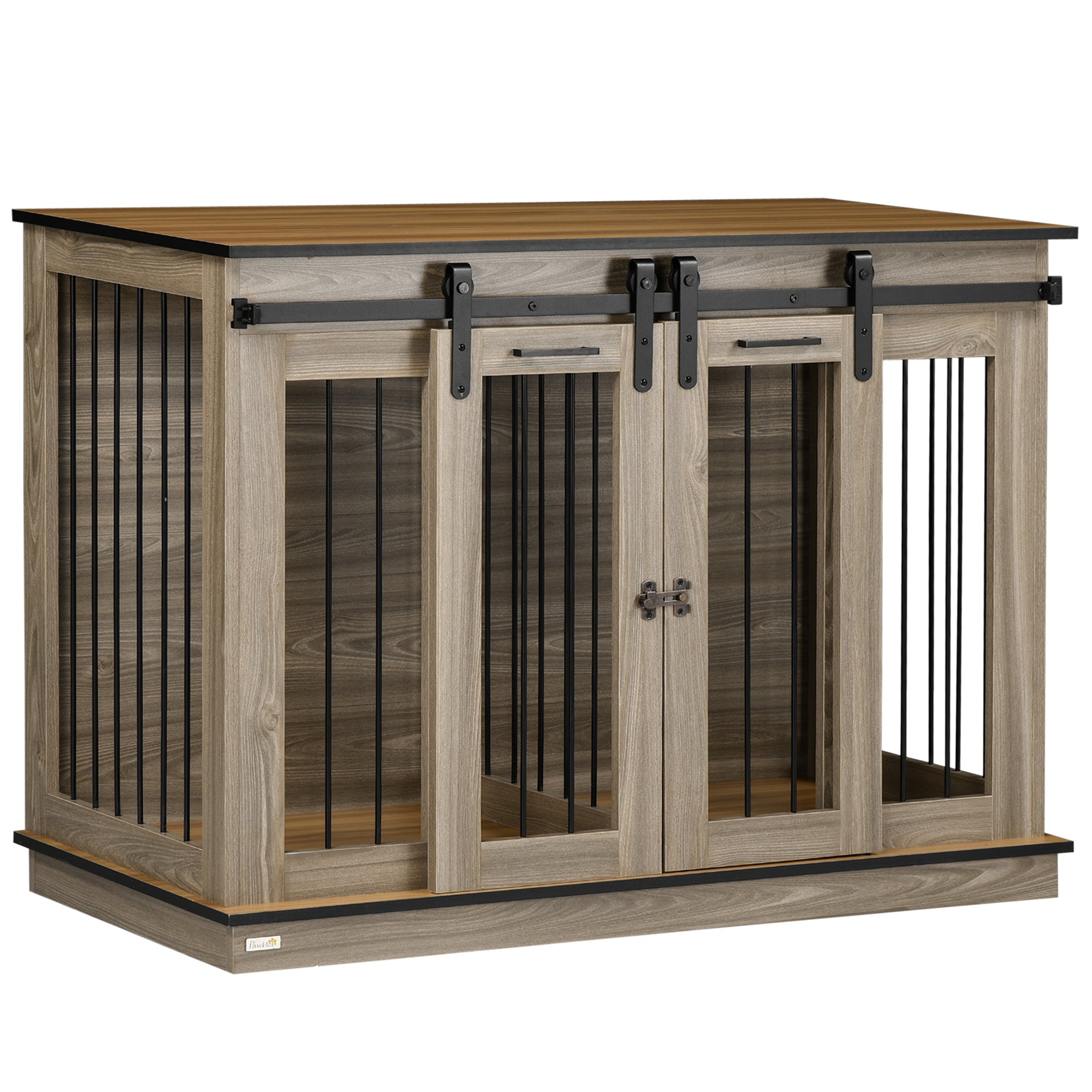PawHut Dog Crate Furniture with Divider, Dog Crate End Table for Small to Large Dogs, Large Indoor Dog Kennel with Double Doors, 47'W x 23.5'D x 35'H, Oak