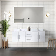 Glossy White Double Bath Vanity 60 in. W x 22 in. D, Carrara Marble Top, and Faucet Set